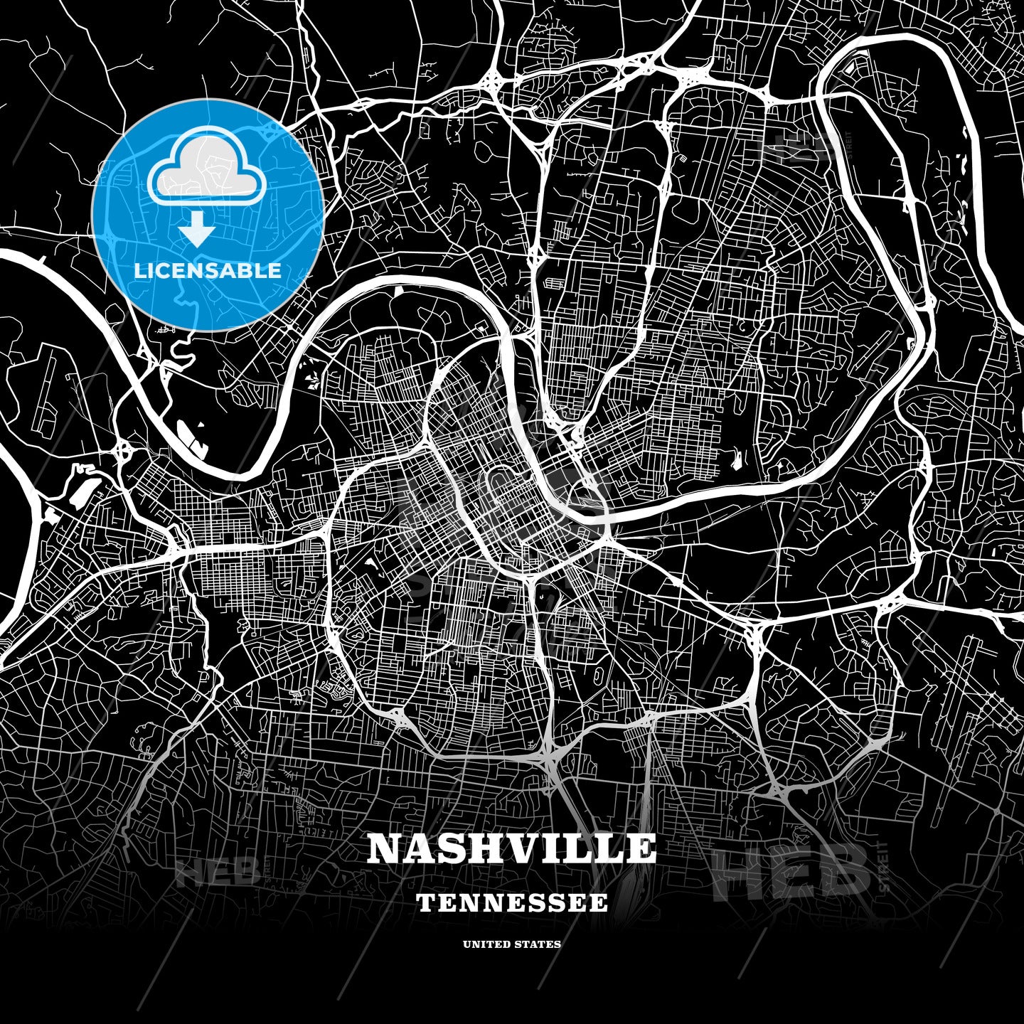 Black Map Poster Template Of Nashville, Tennessee, Usa – HEBSTREITS, image size:1440x1440
