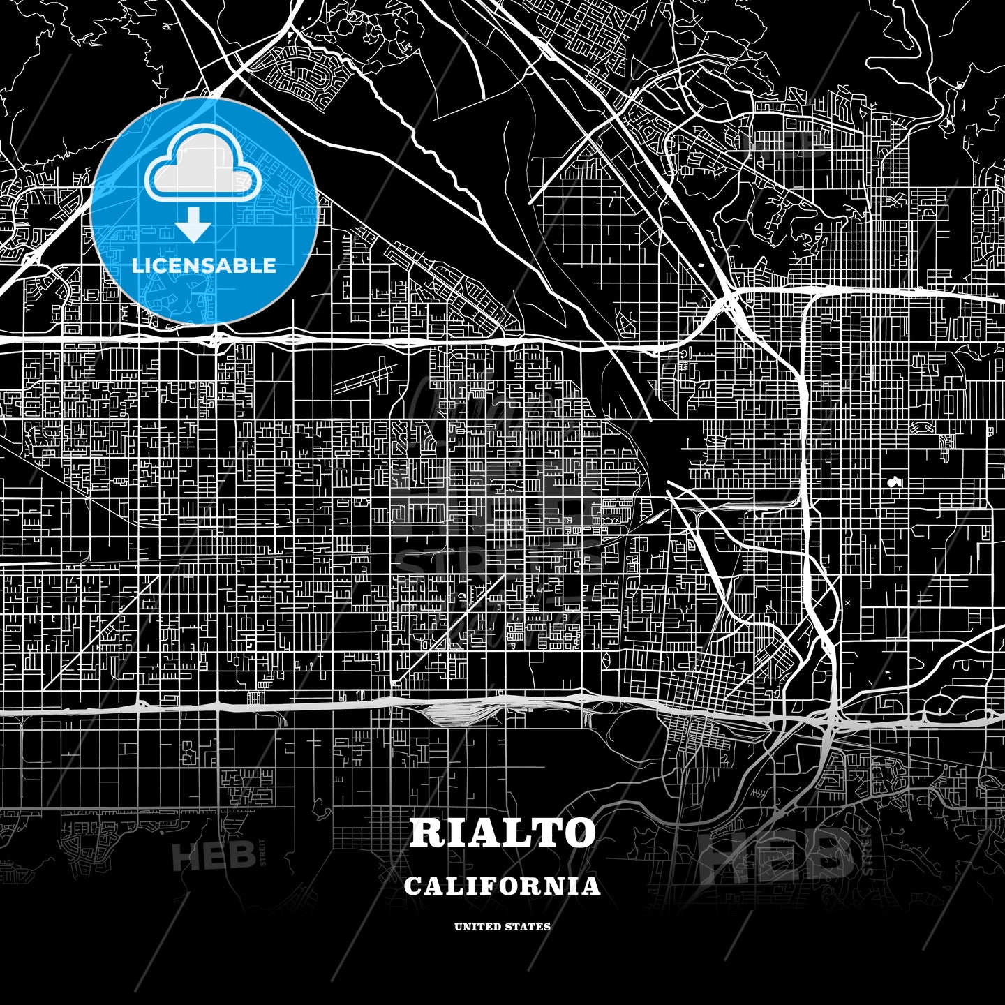 Black map poster template of Rialto, California, USA HEBSTREITS