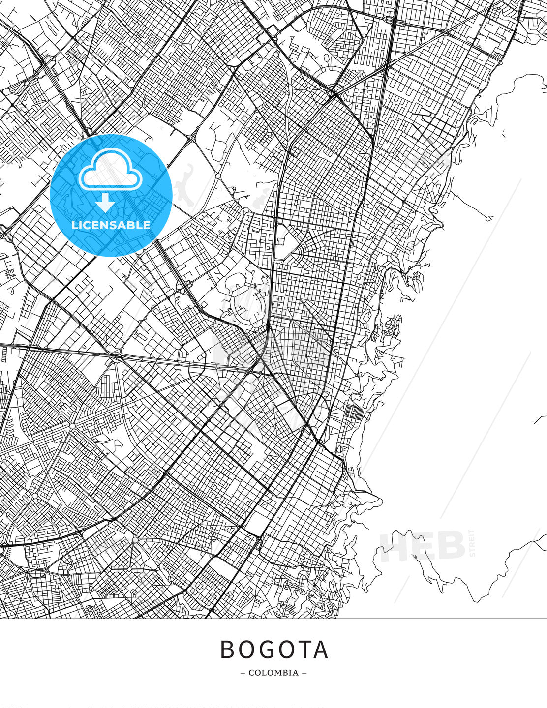 Bogota, Colombia, Map poster borderless print template - HEBSTREITS