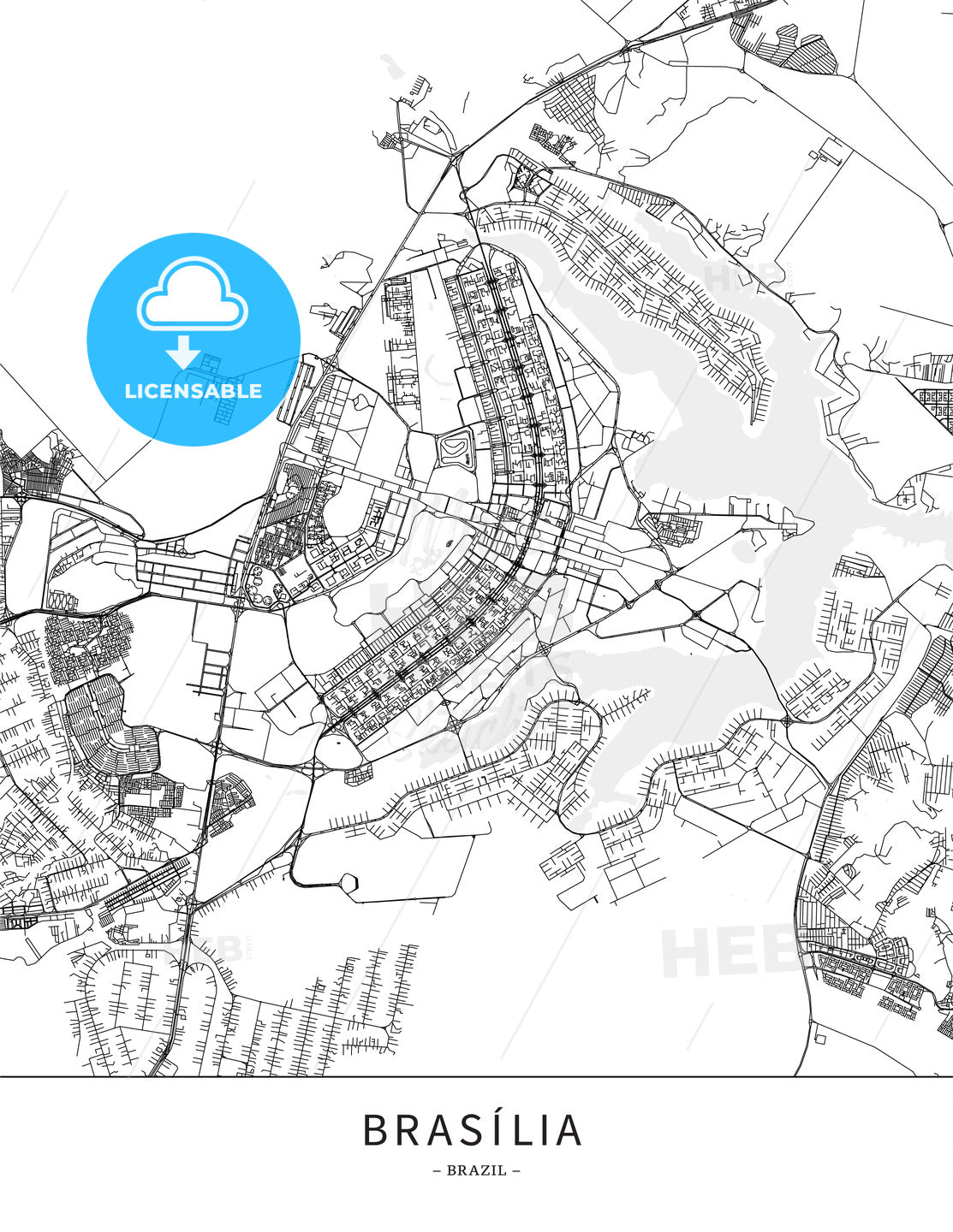 Brasília, Brazil, Map poster borderless print template - HEBSTREITS