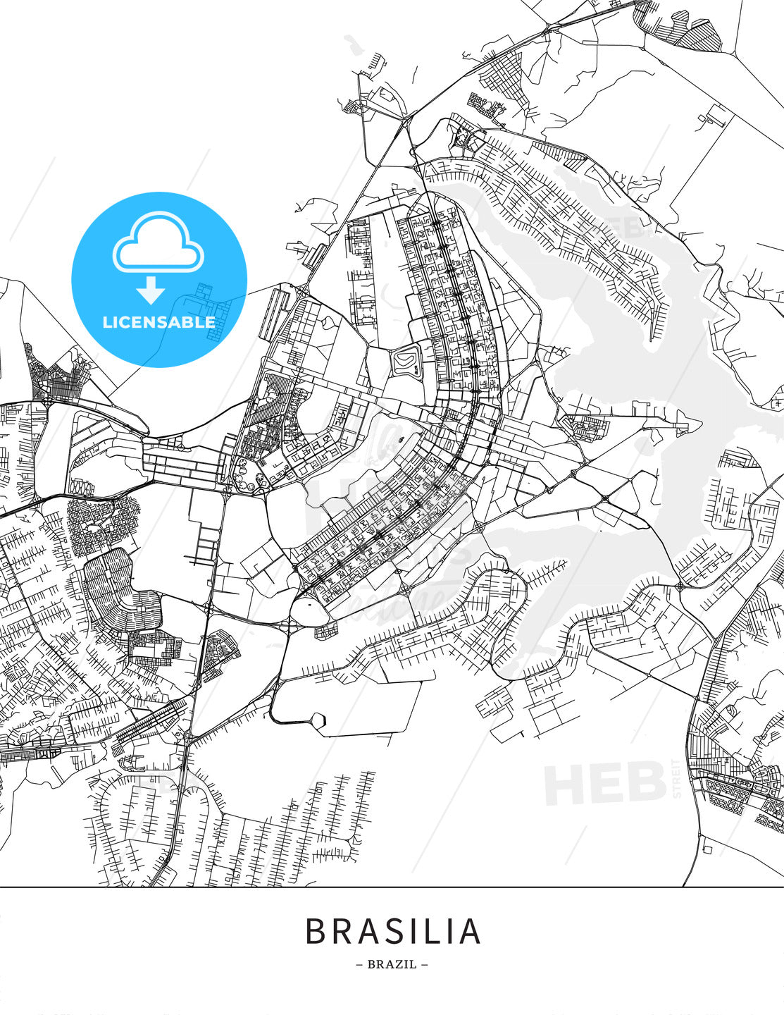 Brasilia, Brazil, Map poster borderless print template - HEBSTREITS