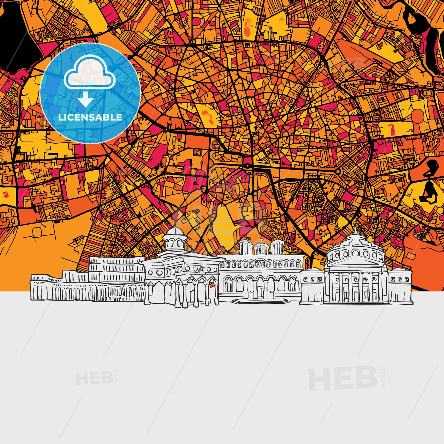 Bucharest, Romania, Skyline Map
