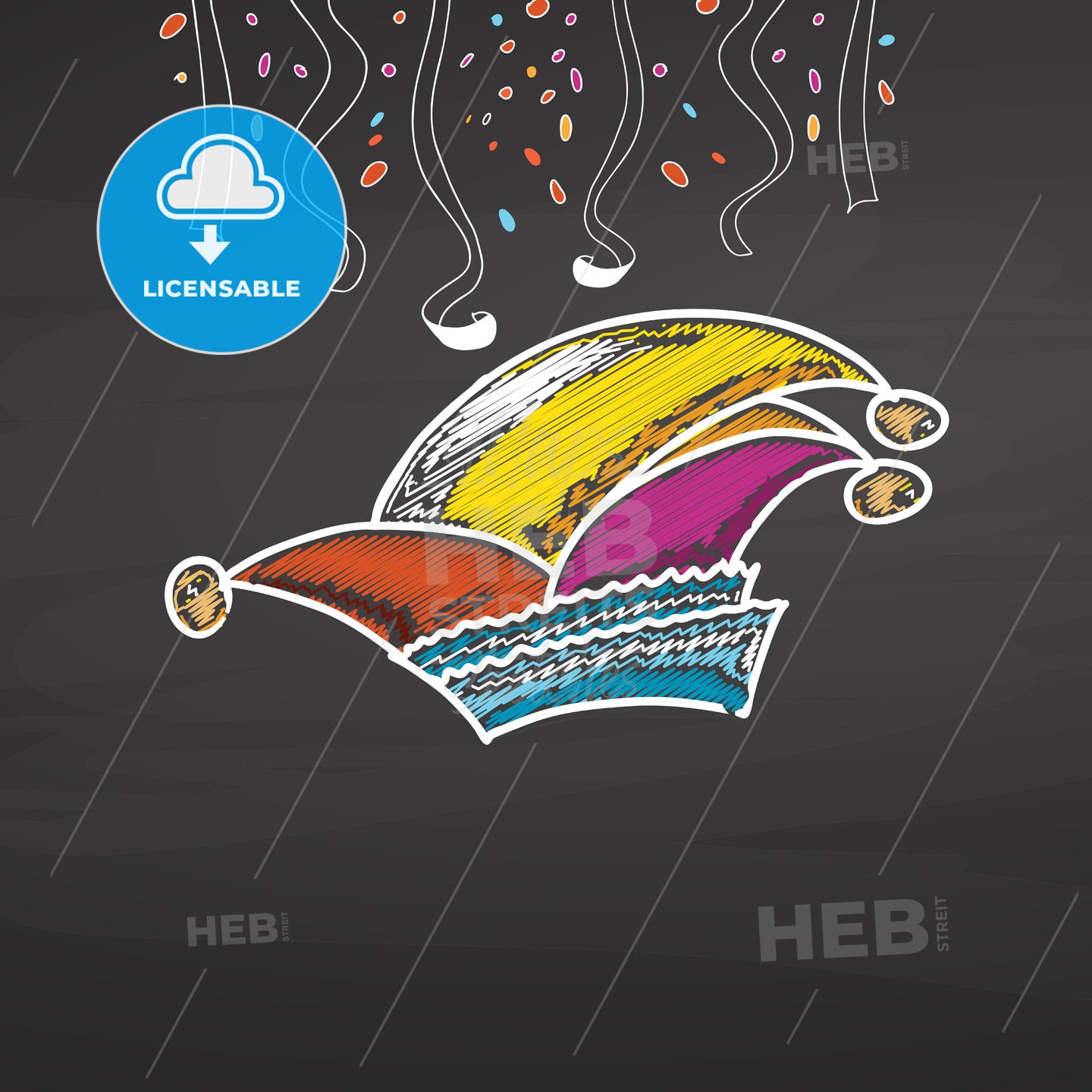 Carnival hat and confetti on chalkboard – instant download