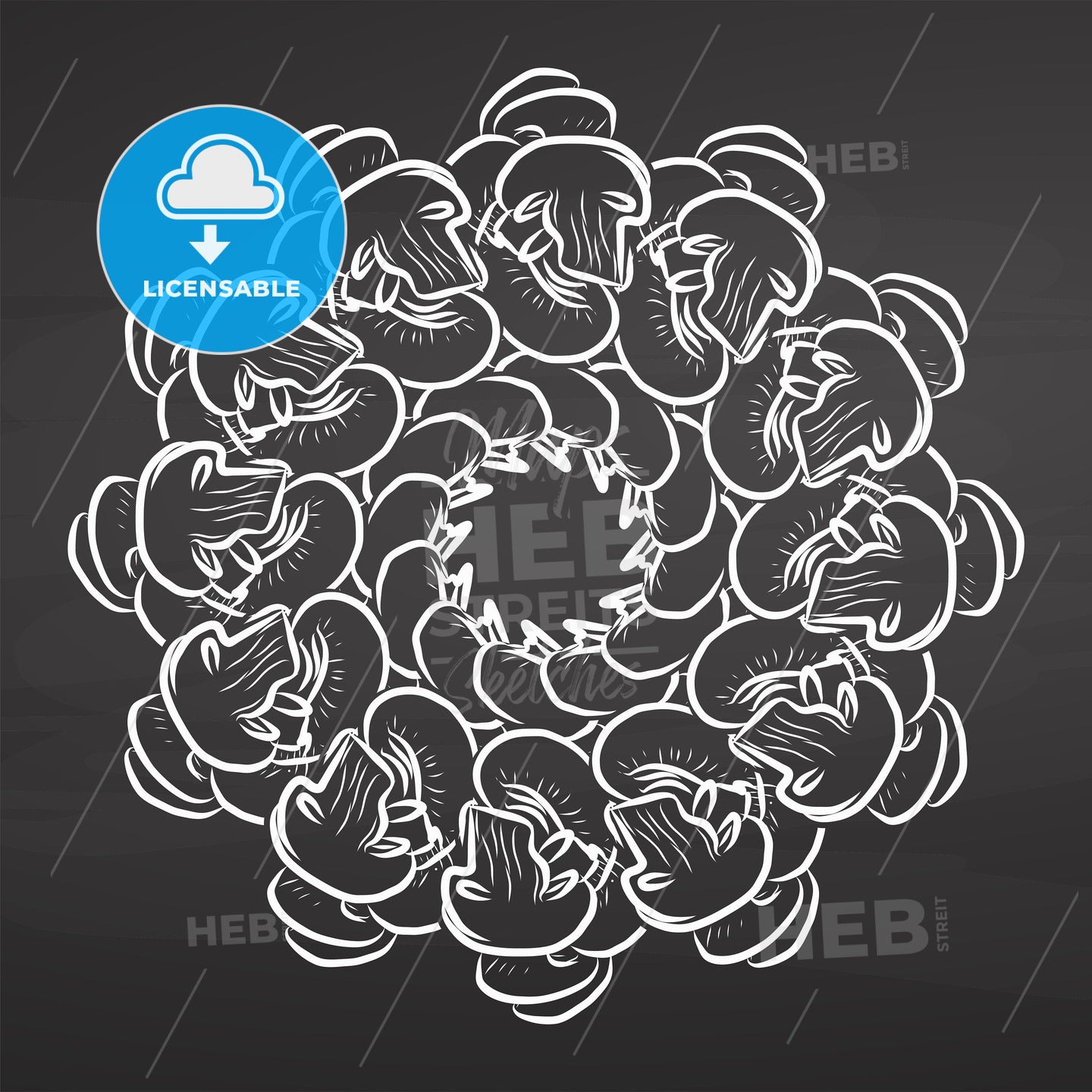 Chalk sketch of Mushrooms arranged in a circle on a chalkboard – instant download