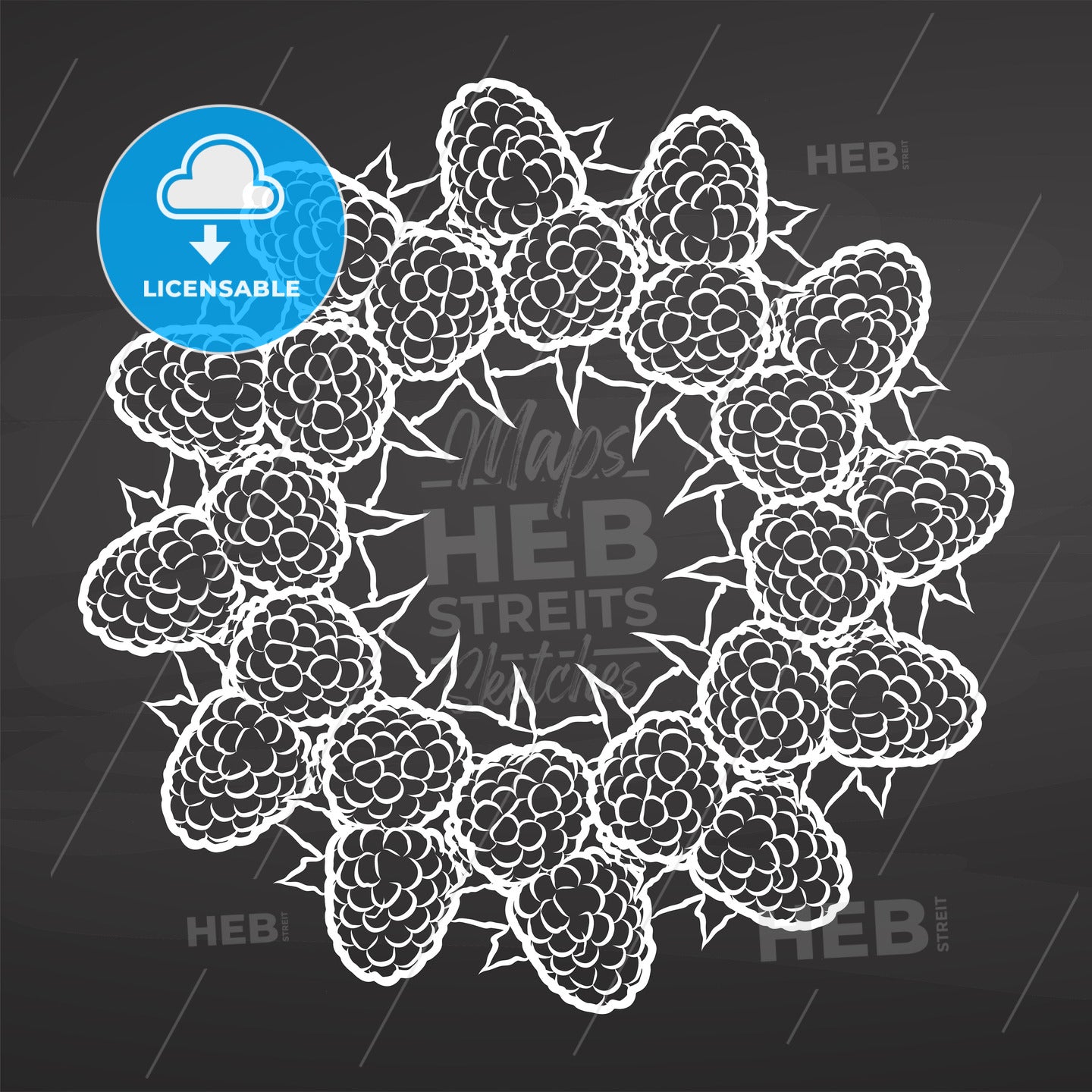 Chalk sketch of raspberries arranged in a circle on a chalkboard – instant download