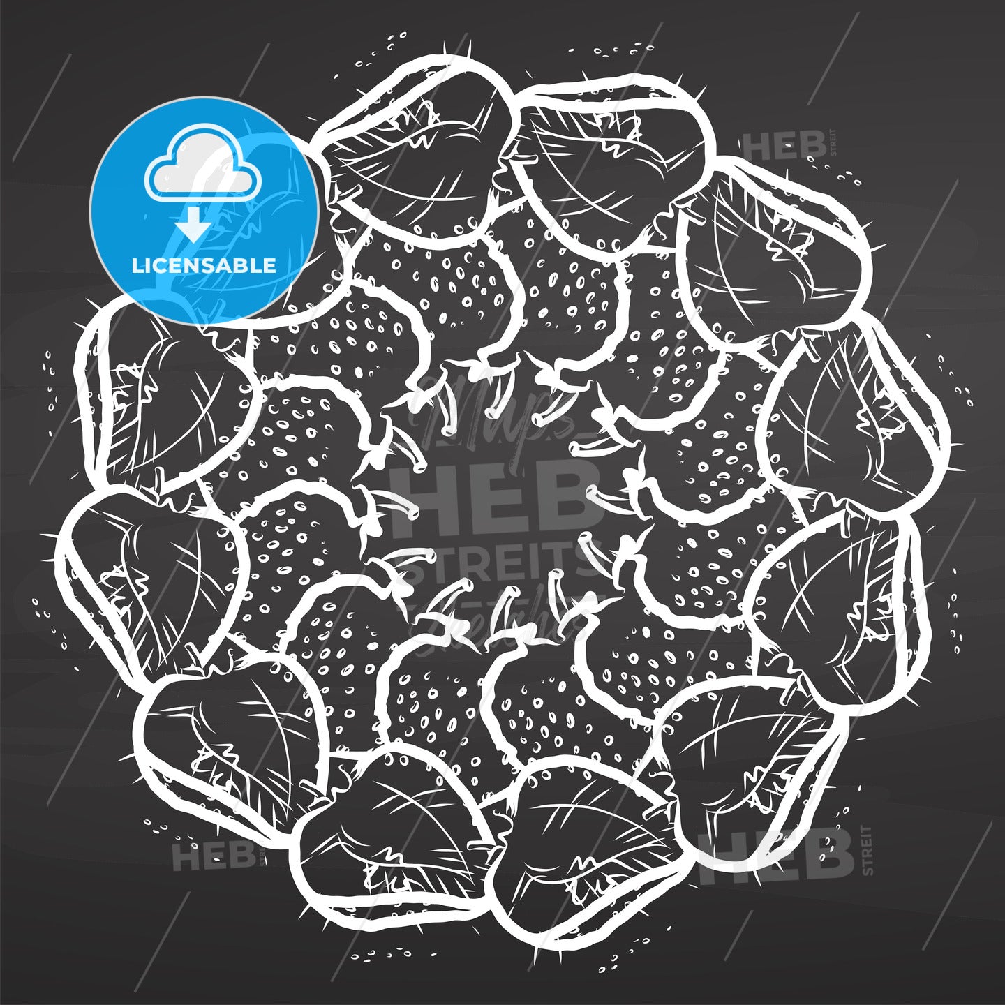 Chalk sketch of strawberries arranged in a circle on a chalkboard – instant download