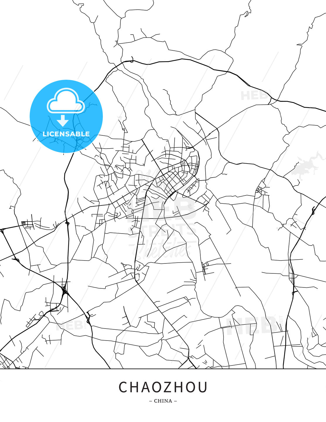 Chaozhou, China, Map poster borderless print template - HEBSTREITS