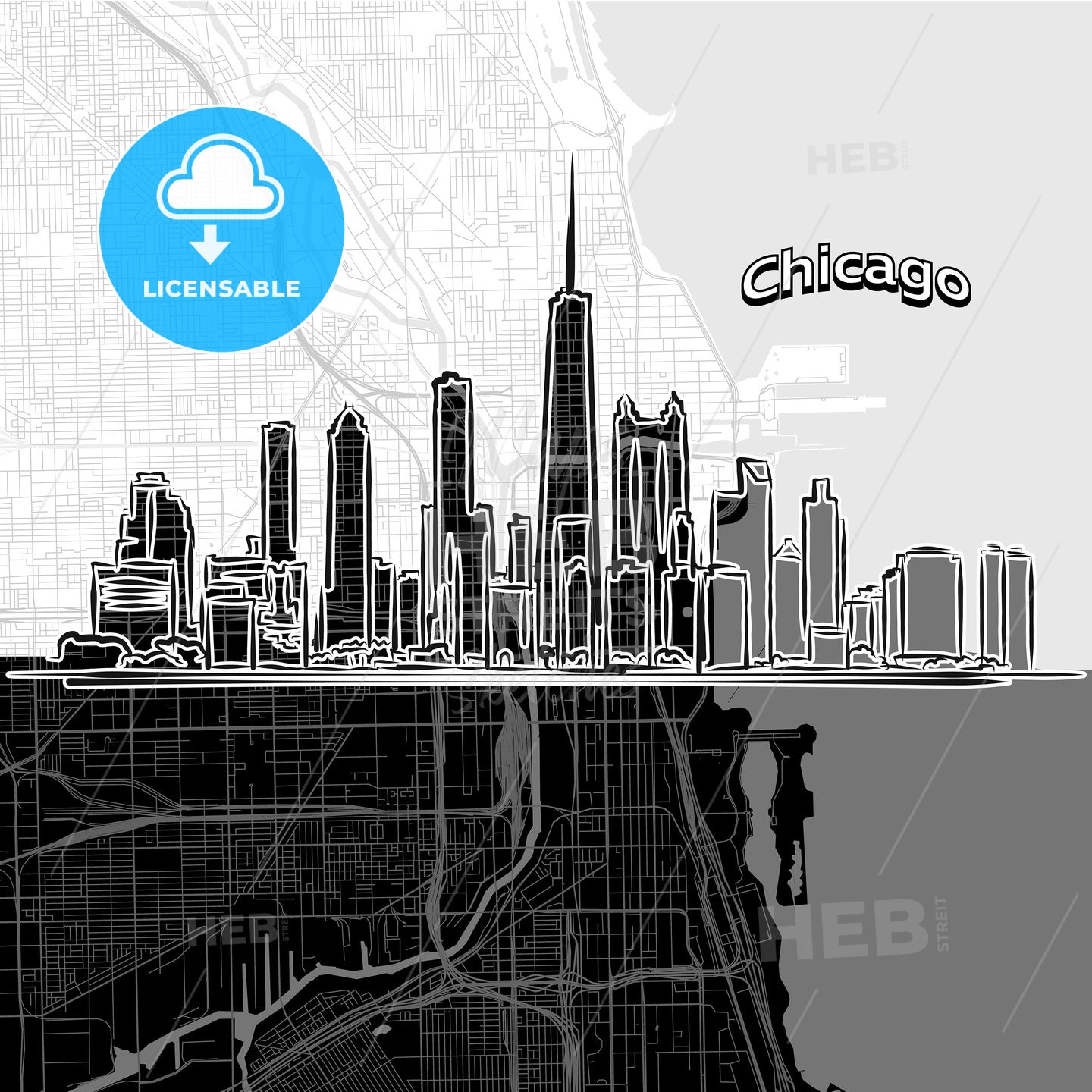 Chicago skyline with map