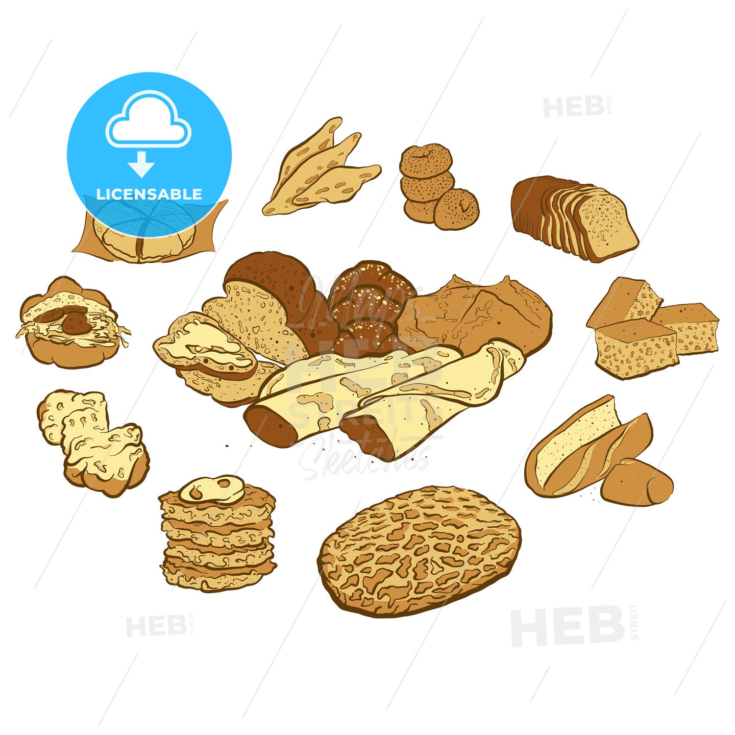 Circle shape composition from hand drawn bread on white – instant download