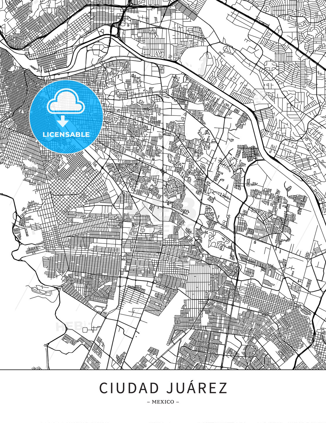 Ciudad Juárez, Mexico, Map poster borderless print template - HEBSTREITS