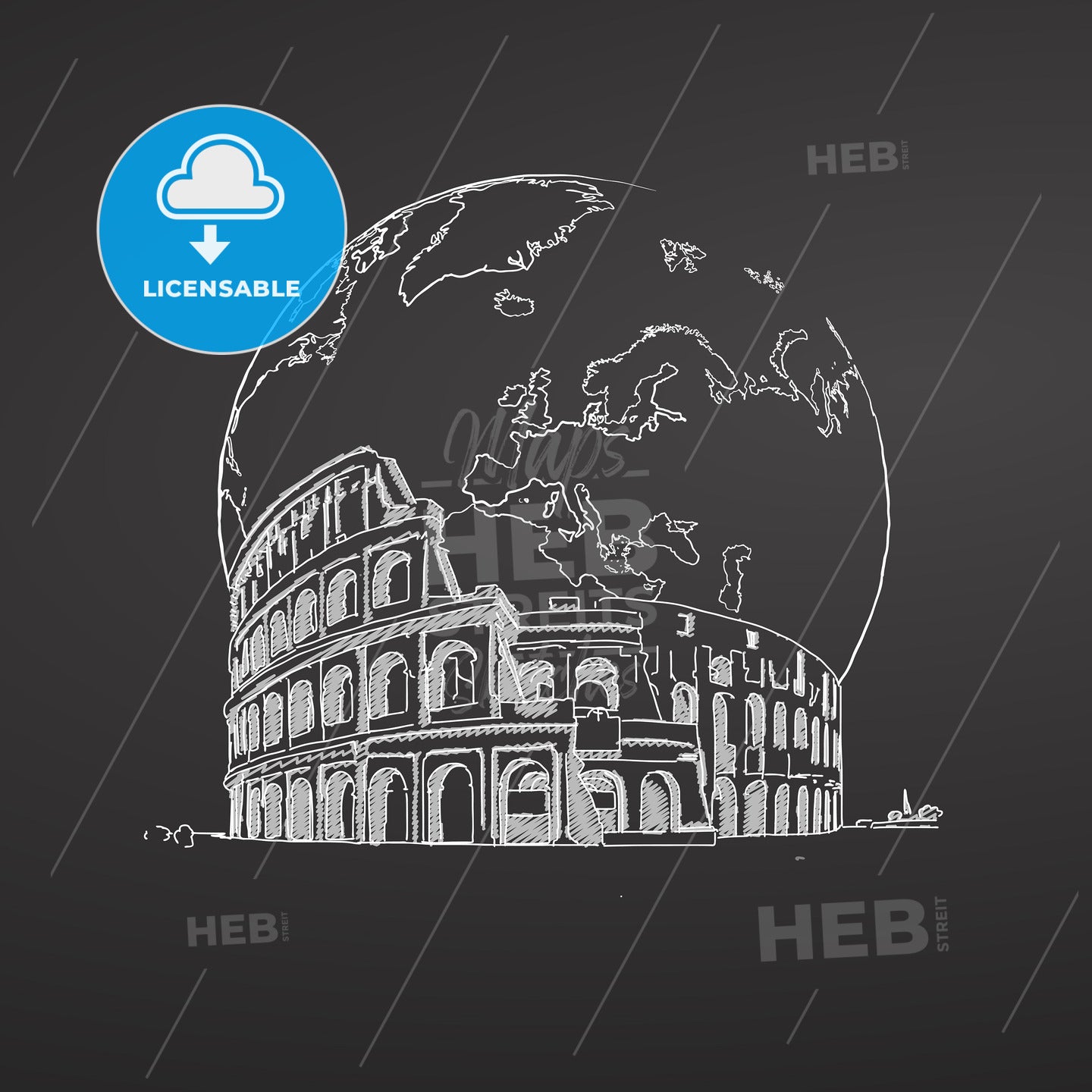 Coliseum and Earth. Sketch on Chalkboard. – instant download