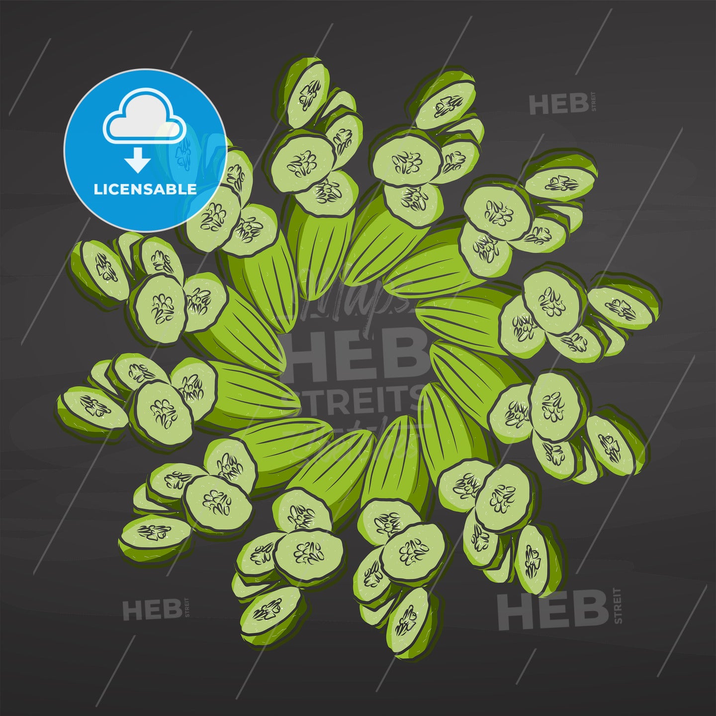 Colorful Cucumbers arranged in a circle on a blackboard – instant download