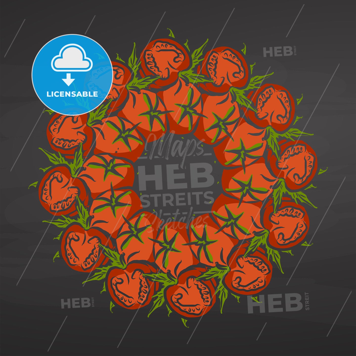 Colorful Tomatoes arranged in a circle on a blackboard – instant download