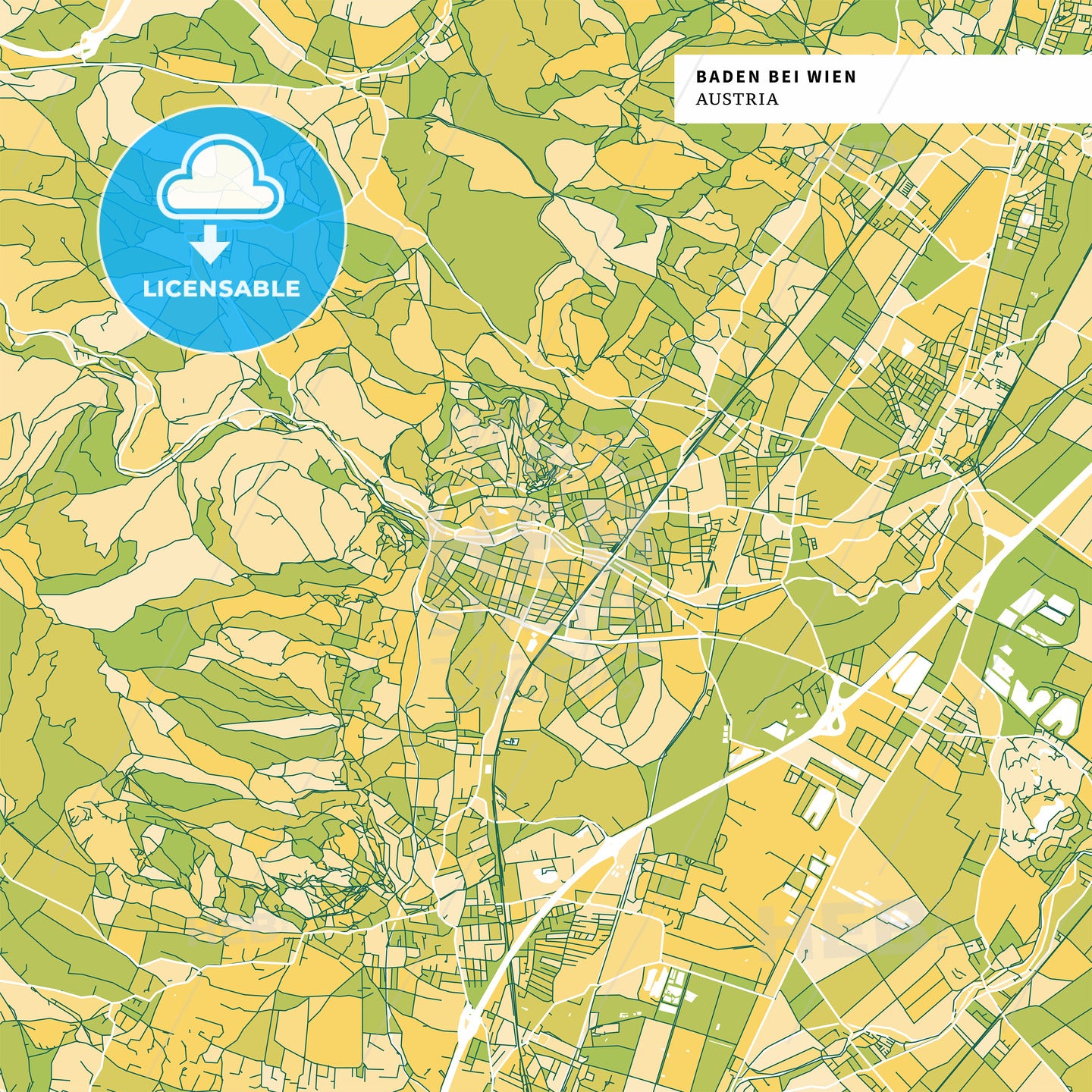 Colorful map of Baden bei Wien, Austria