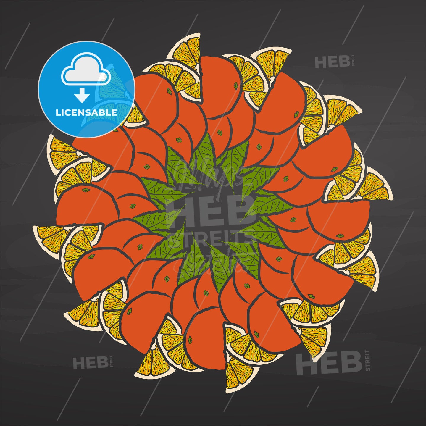 Colorful oranges arranged in a circle on a blackboard – instant download