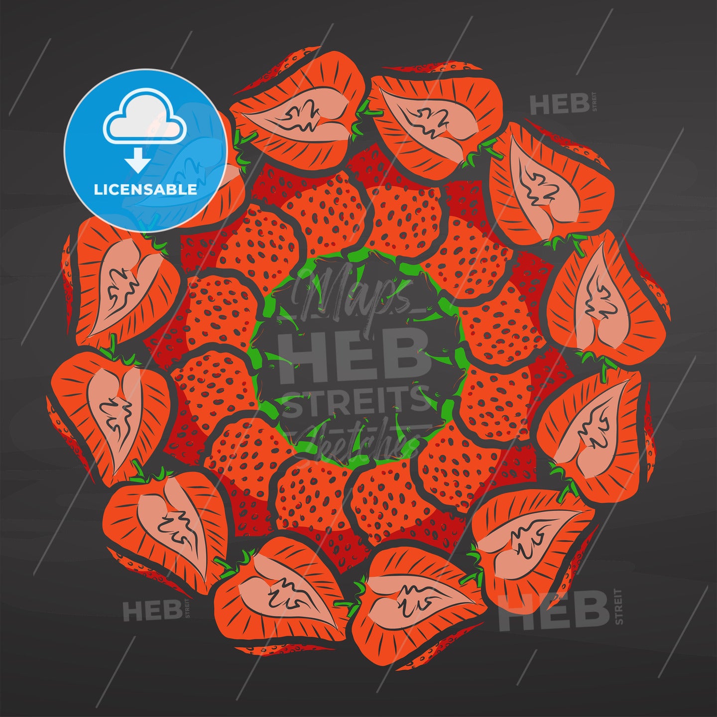 Colorful strawberries arranged in a circle on a blackboard – instant download