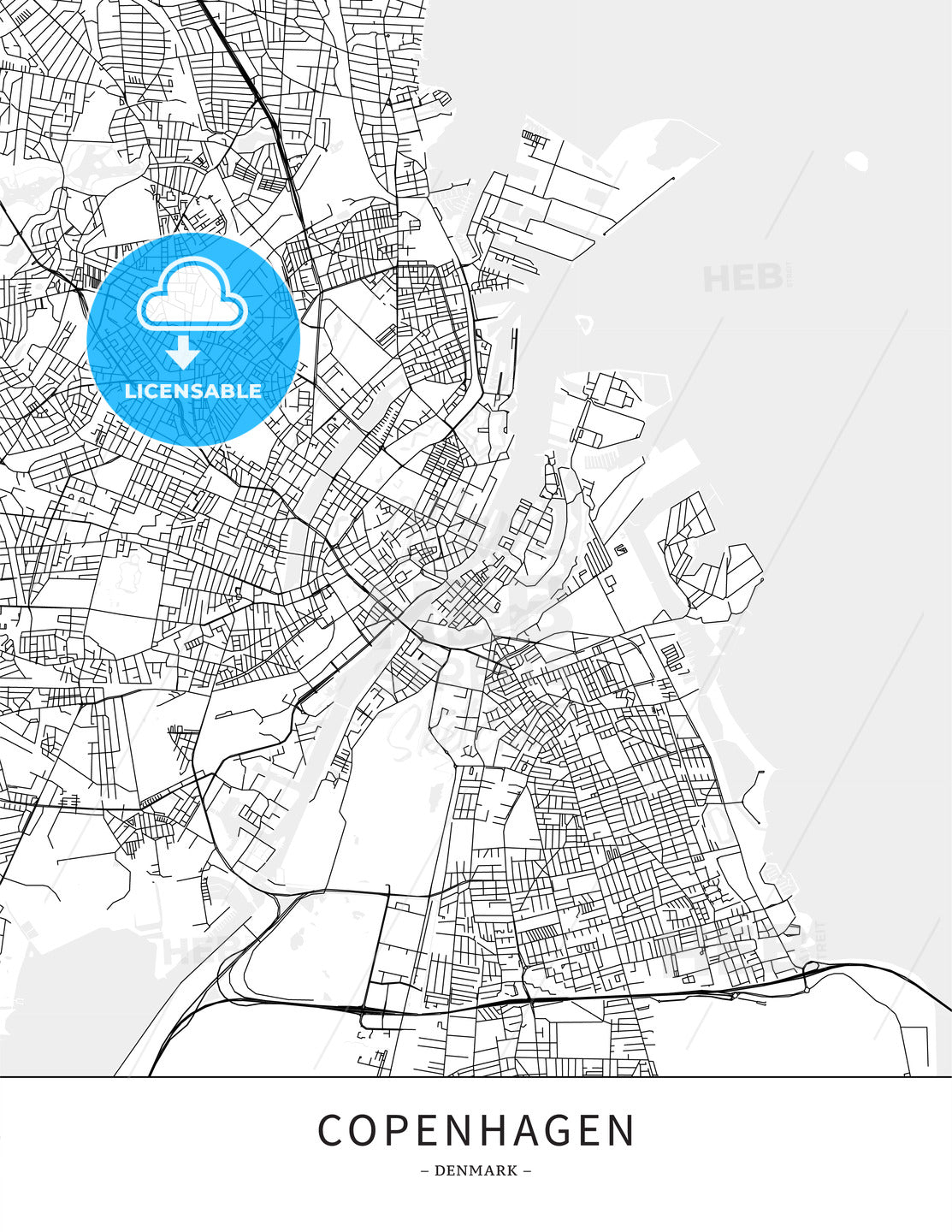 Copenhagen, DEN, Map poster borderless print template - HEBSTREITS