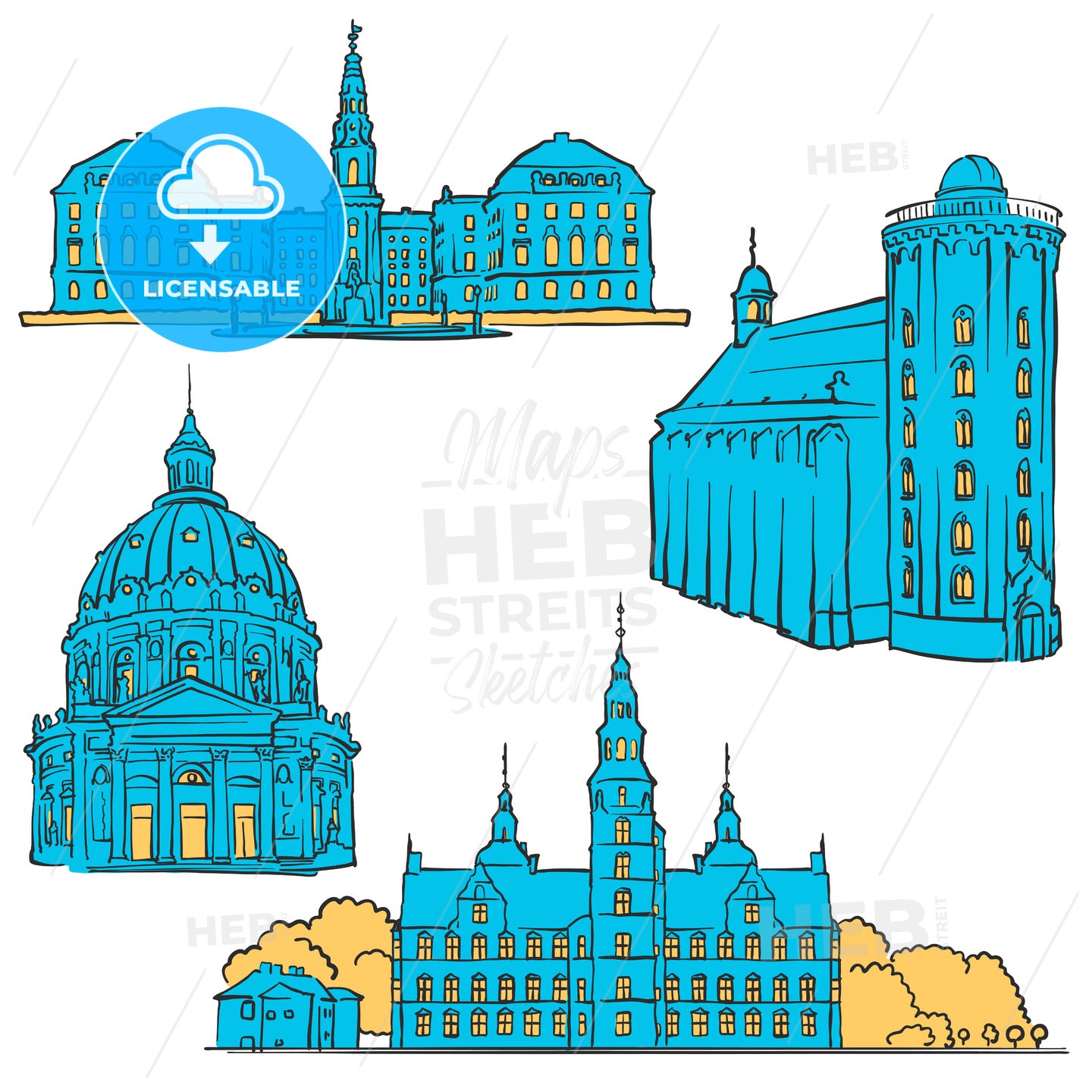 Copenhagen Denmark Colored Landmarks – instant download