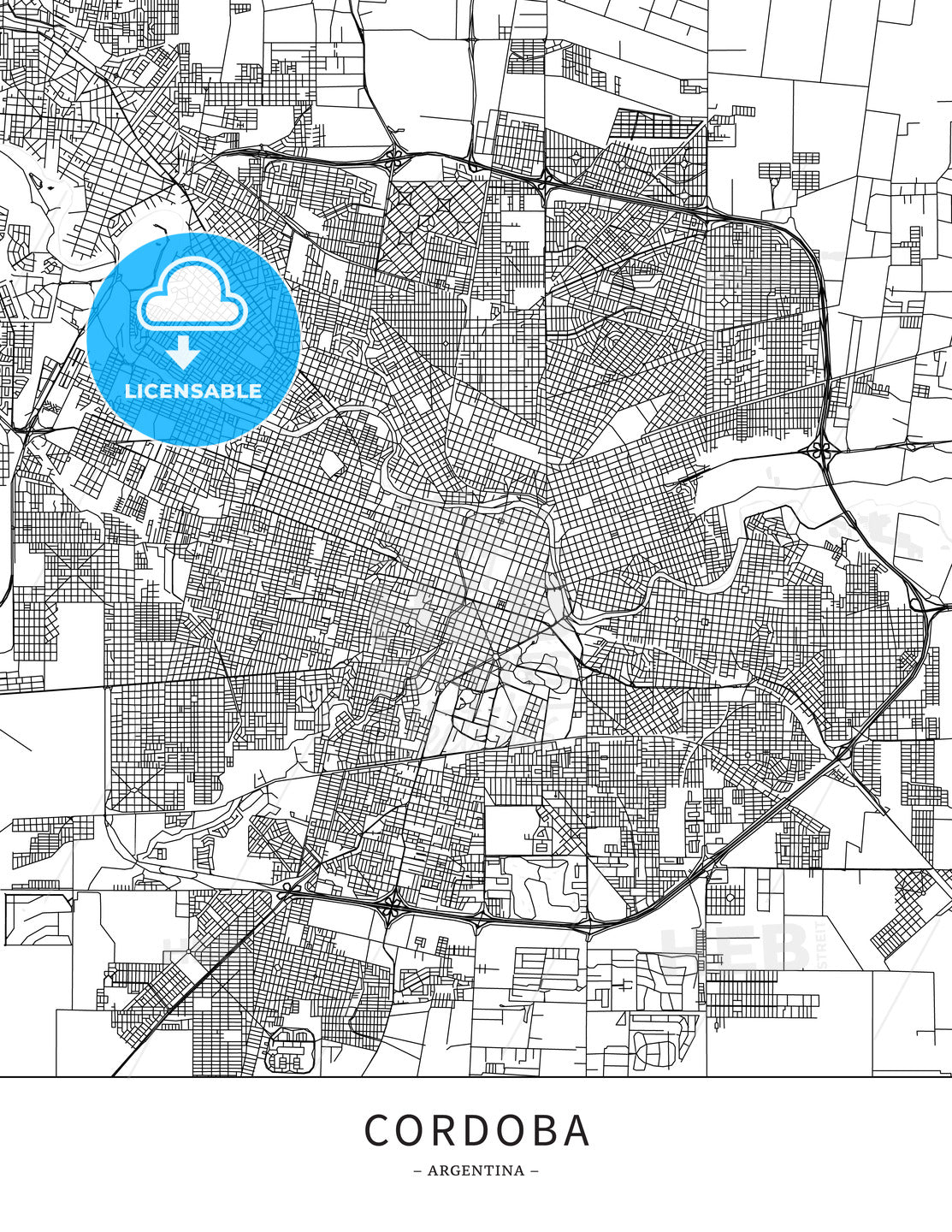 Cordoba, Argentina, Map poster borderless print template - HEBSTREITS