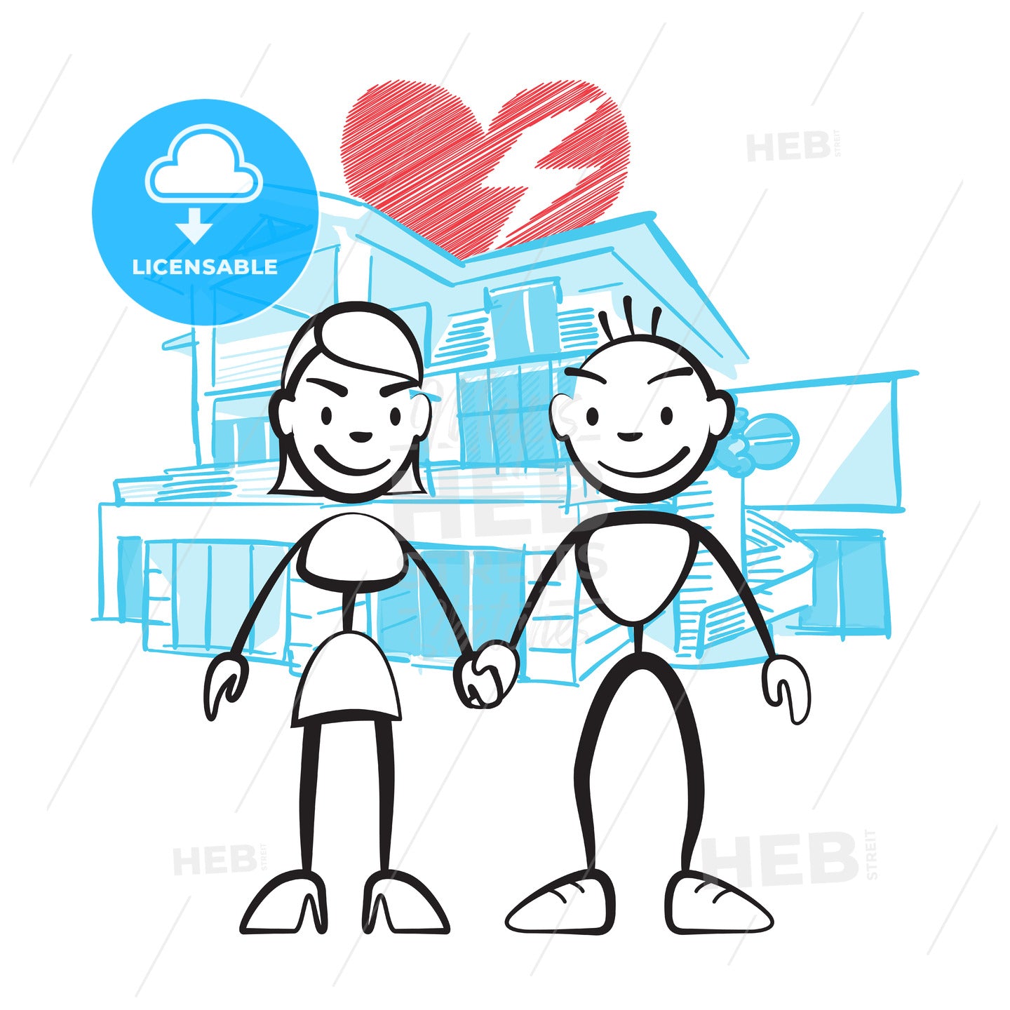 Couple brushing in front of dream house with worries – instant download