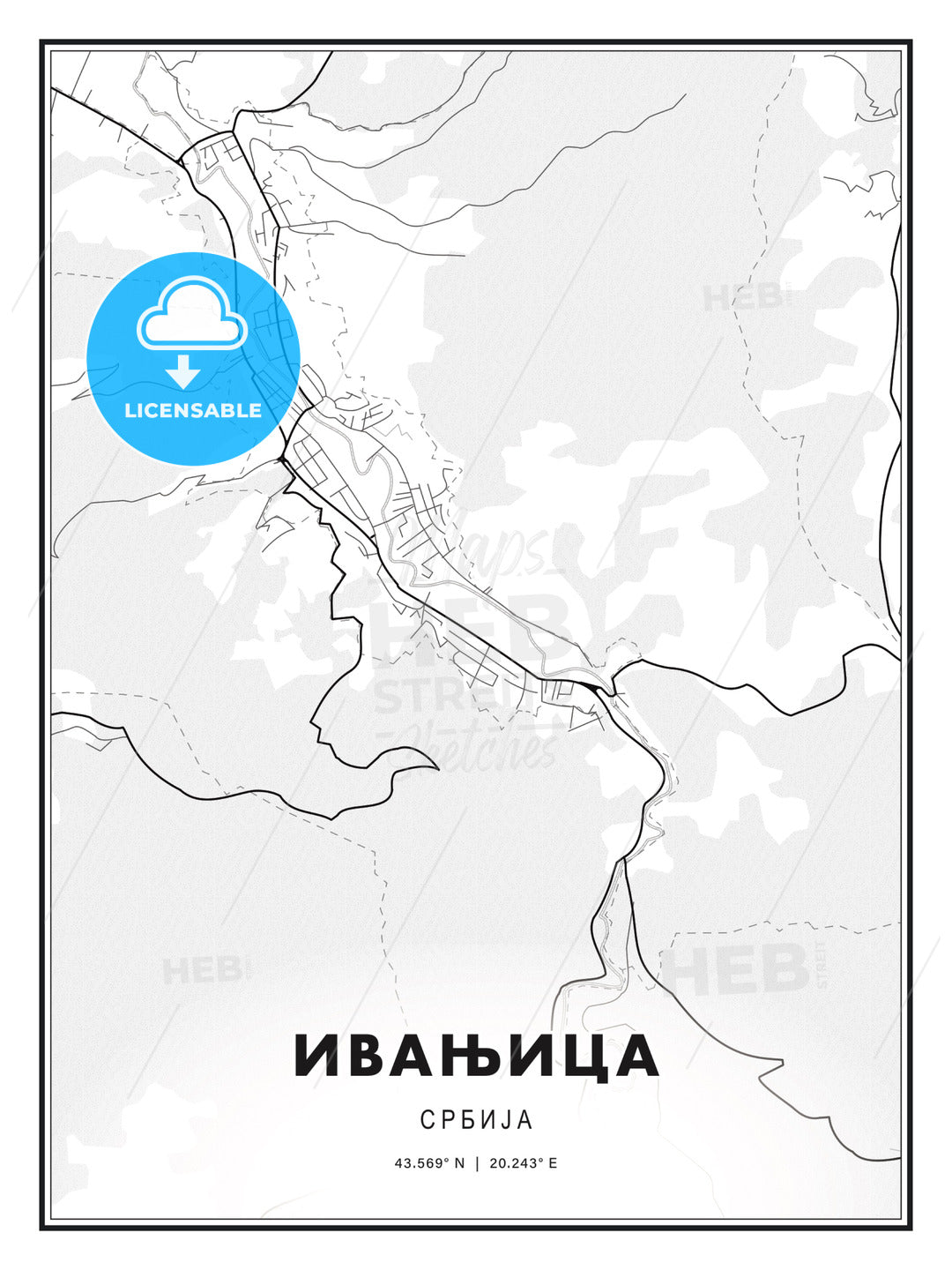 ИВАЊИЦА / Ivanjica, Serbia, Modern Print Template in Various Formats - HEBSTREITS Sketches
