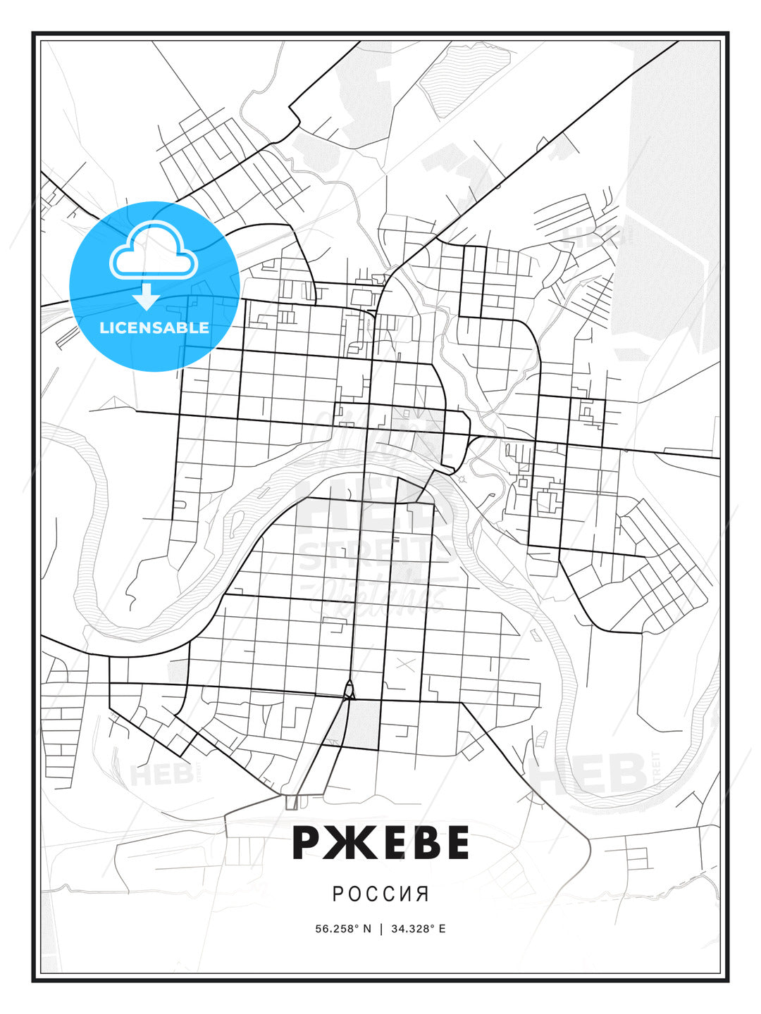 РЖЕВЕ / Rzhev, Russia, Modern Print Template in Various Formats - HEBSTREITS Sketches