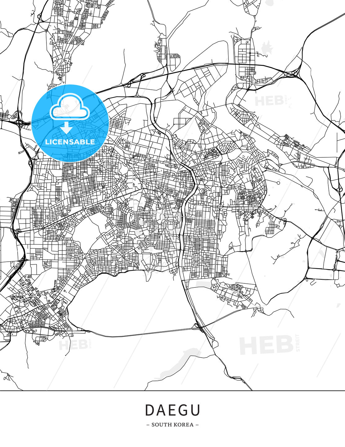 Daegu, Korea, South, Map poster borderless print template - HEBSTREITS