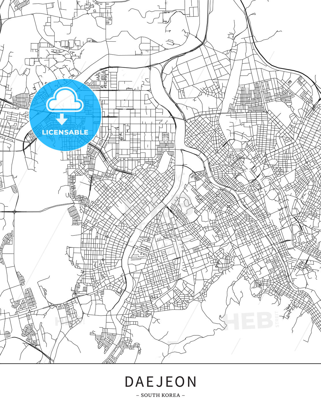 Daejeon, Korea, South, Map poster borderless print template - HEBSTREITS