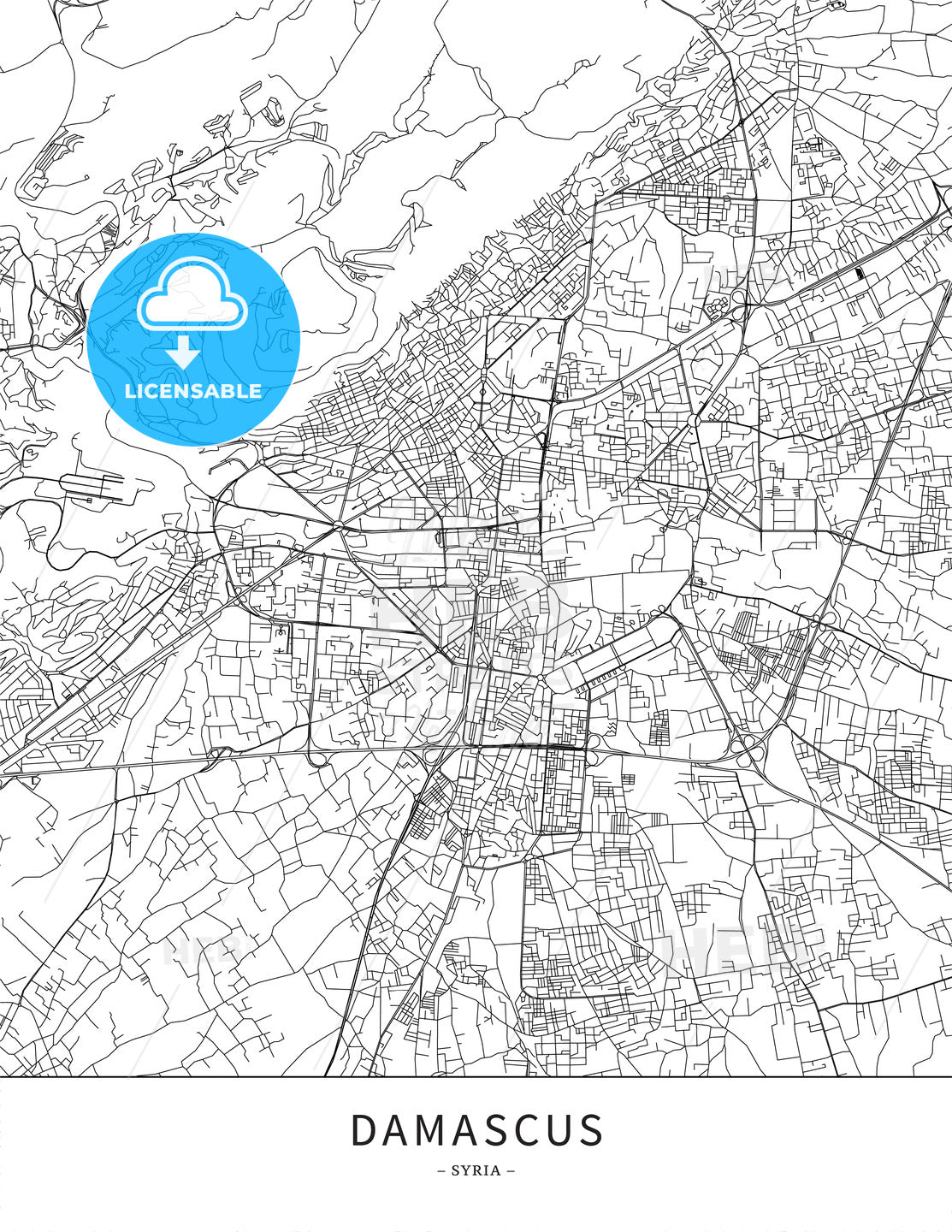 Damascus, Syria, Map poster borderless print template - HEBSTREITS