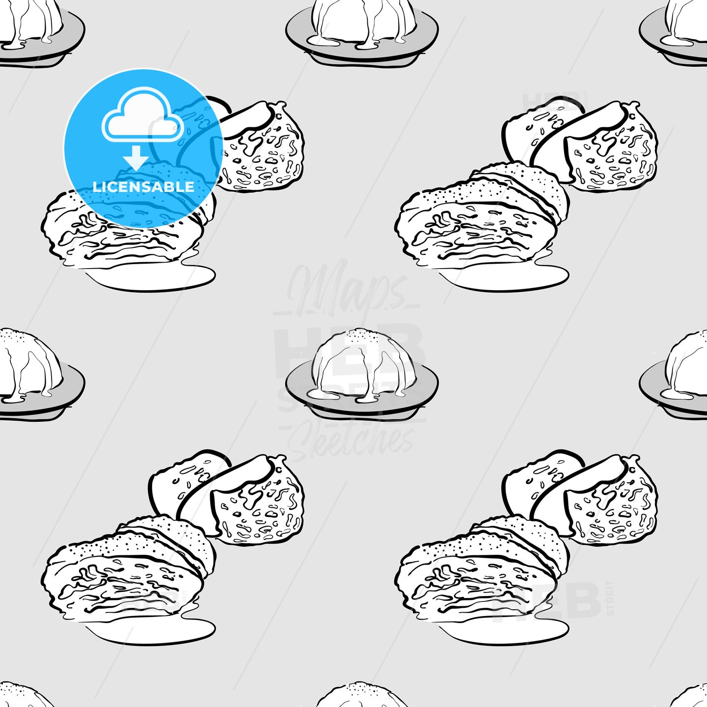 Dampfnudel seamless pattern greyscale drawing – instant download