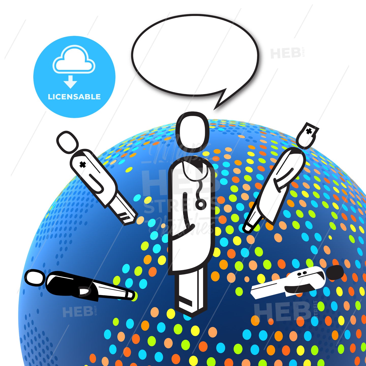 Doc with Speaking Bubble and Healthcare Team on Dotted Globe – instant download