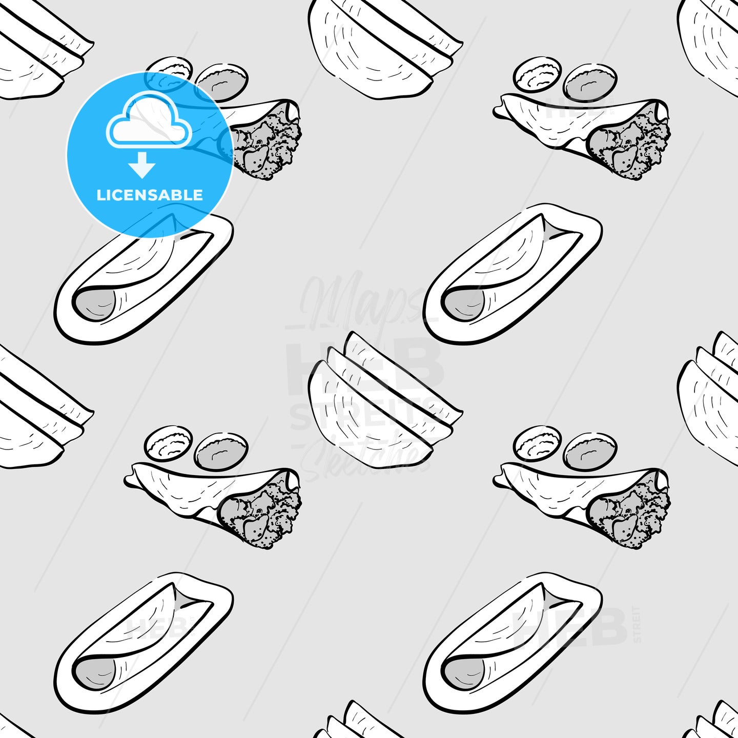Dosa seamless pattern greyscale drawing – instant download