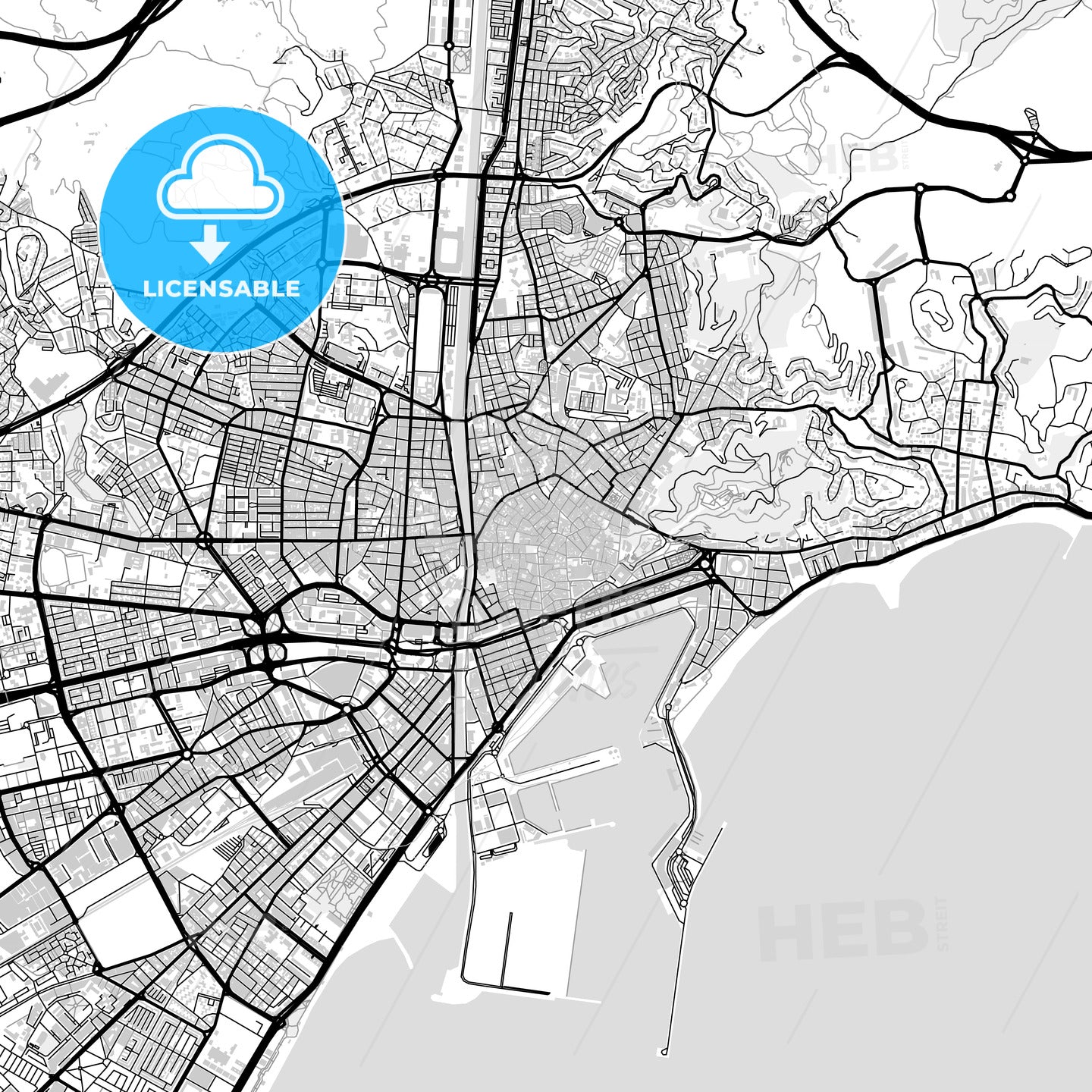 Downtown map of Málaga, light