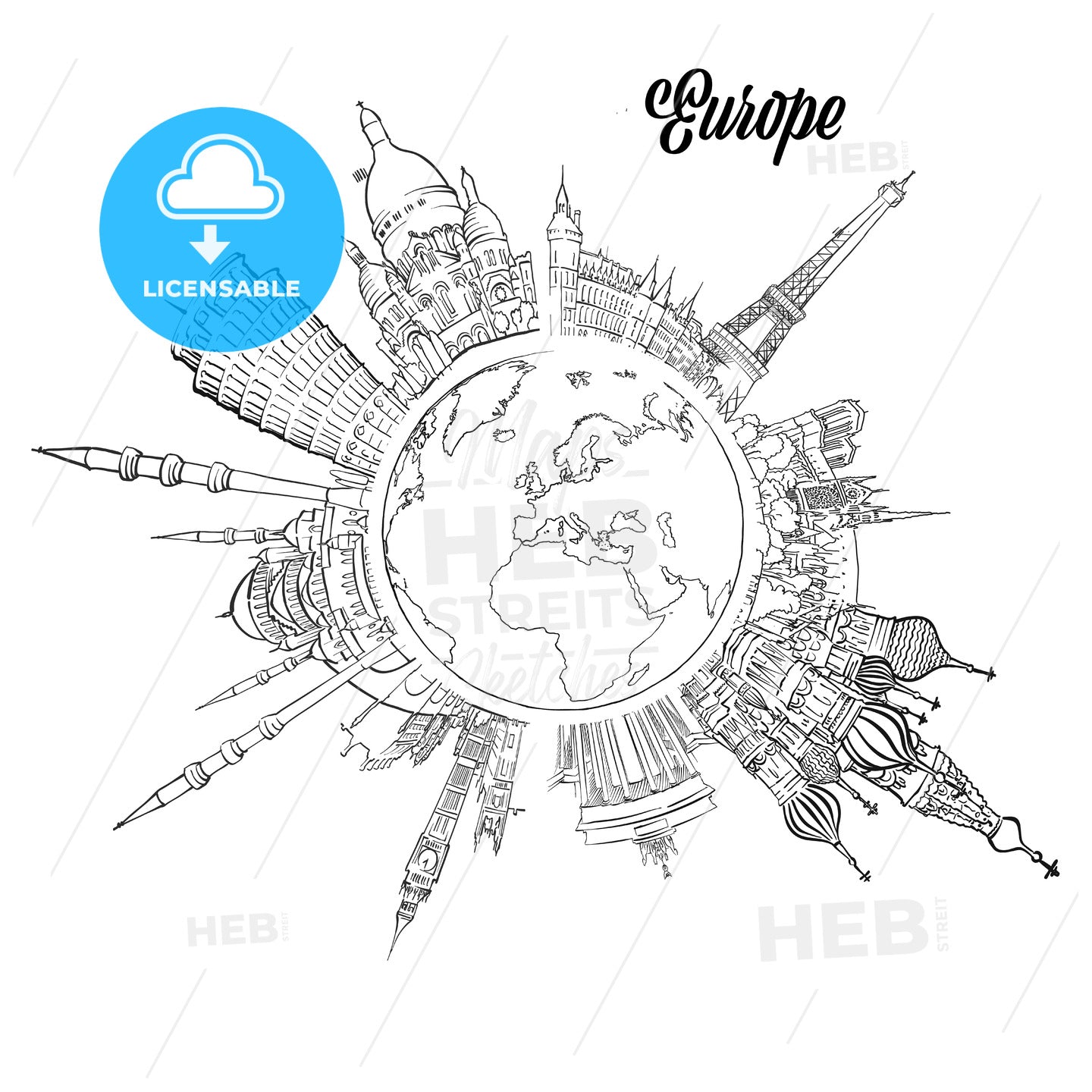 Famous European Landmarks on Globe – instant download