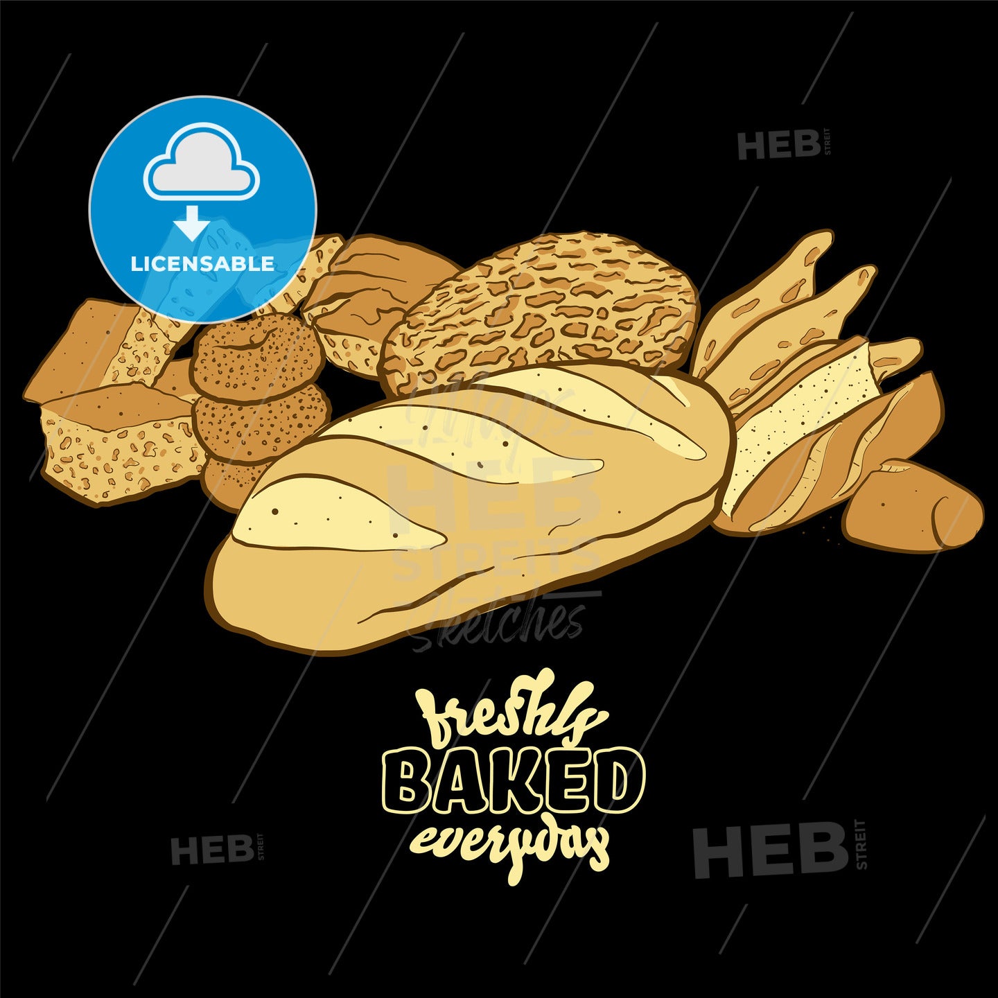 Freshly baked everyday lettering with various bread types on blackboard – instant download