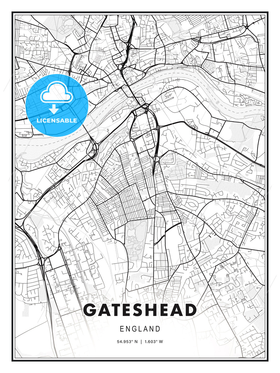 Map of GATESHEAD Black and White Map Print City Print 