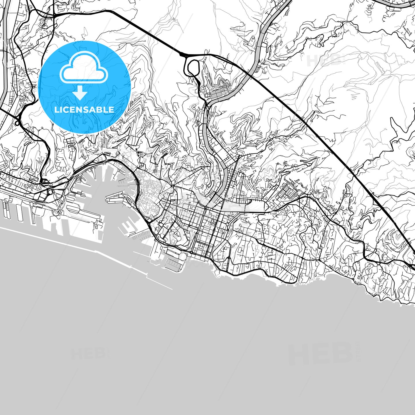 Genoa, Liguria, downtown map, light