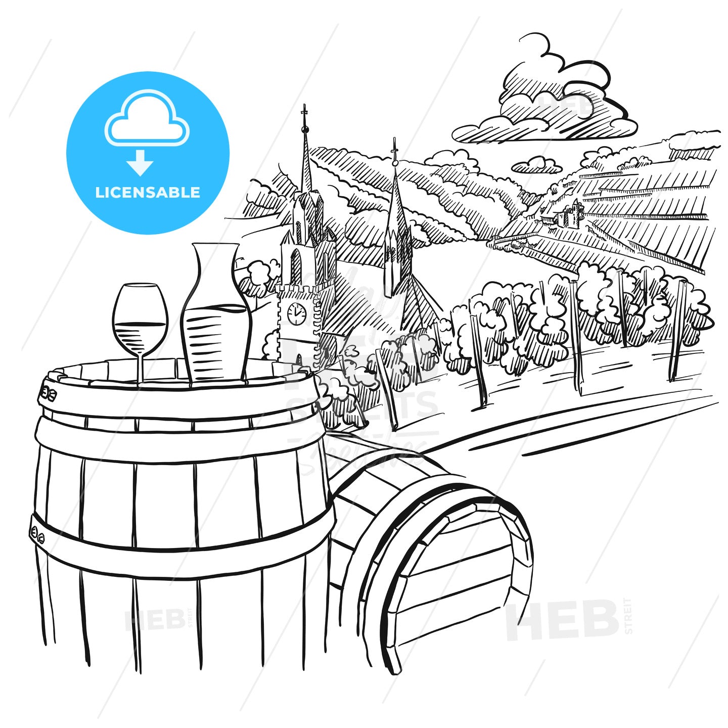 Glas of Wine on Barrel in Front of german Vineyard Landscape – instant download