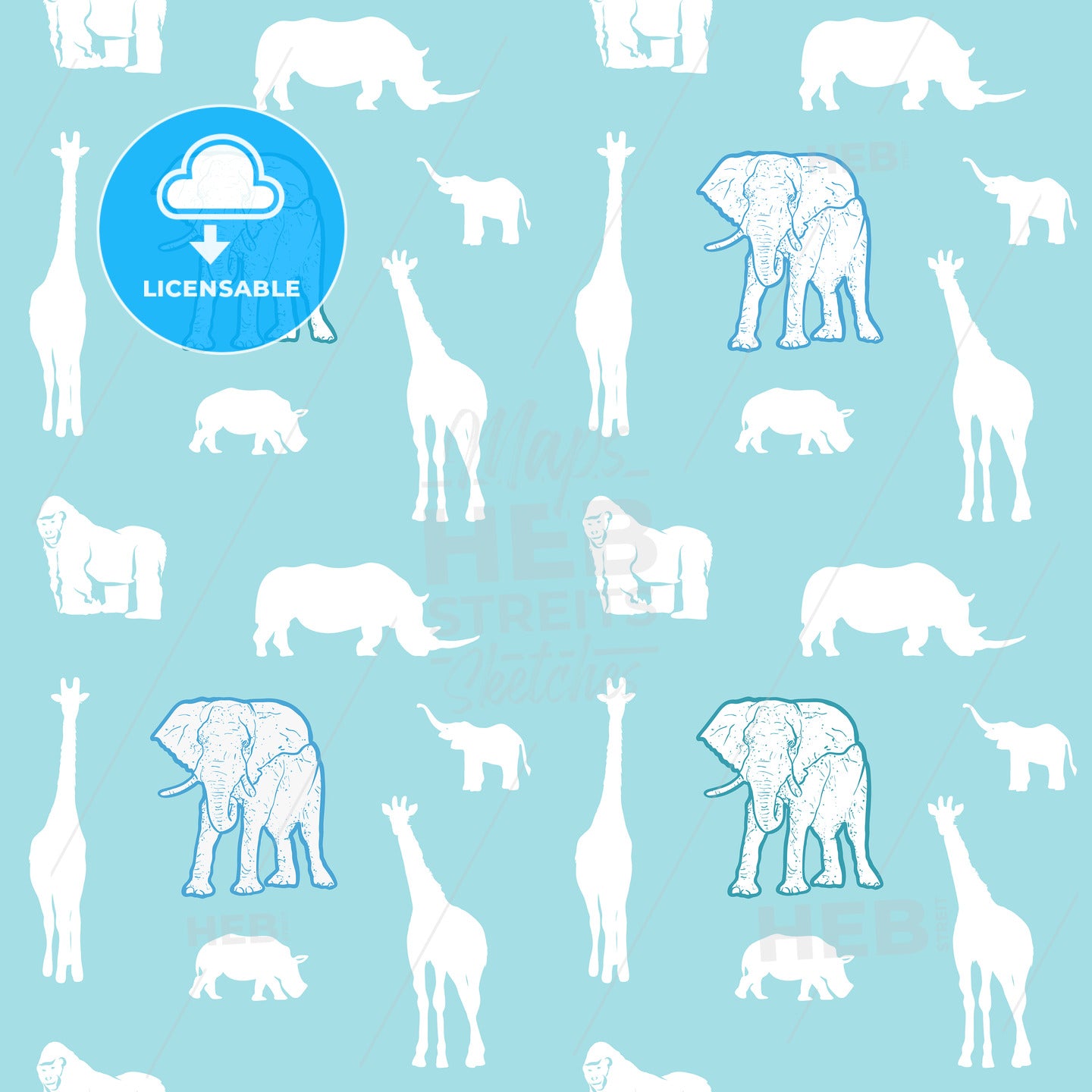 Hand drawn animals for kids on bright green background – instant download