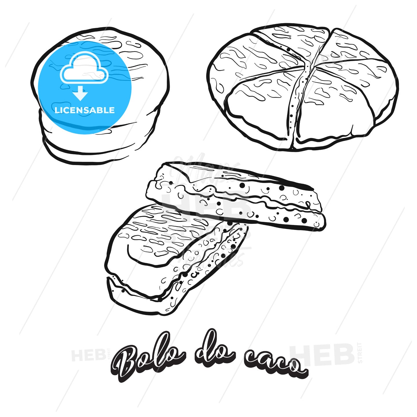 Hand drawn sketch of Bolo do caco bread – instant download