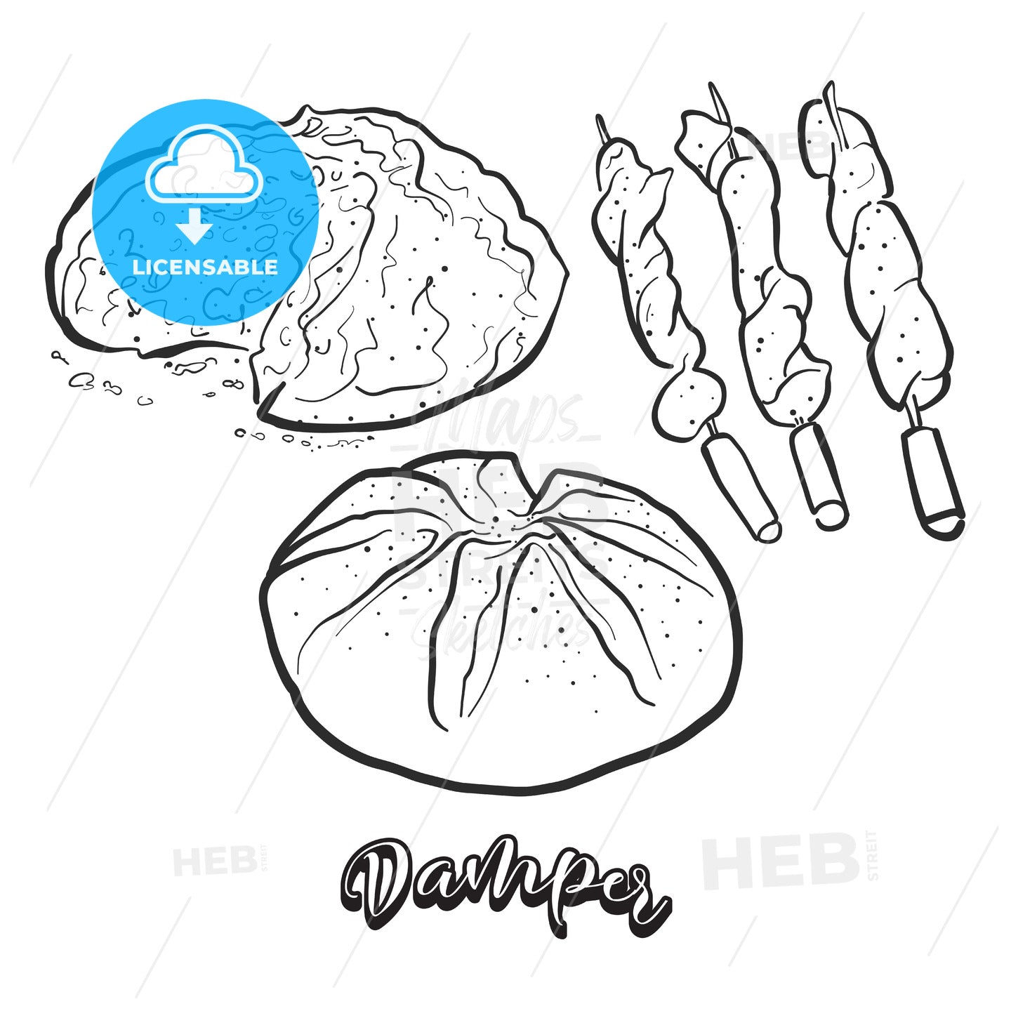 Hand drawn sketch of Damper bread – instant download