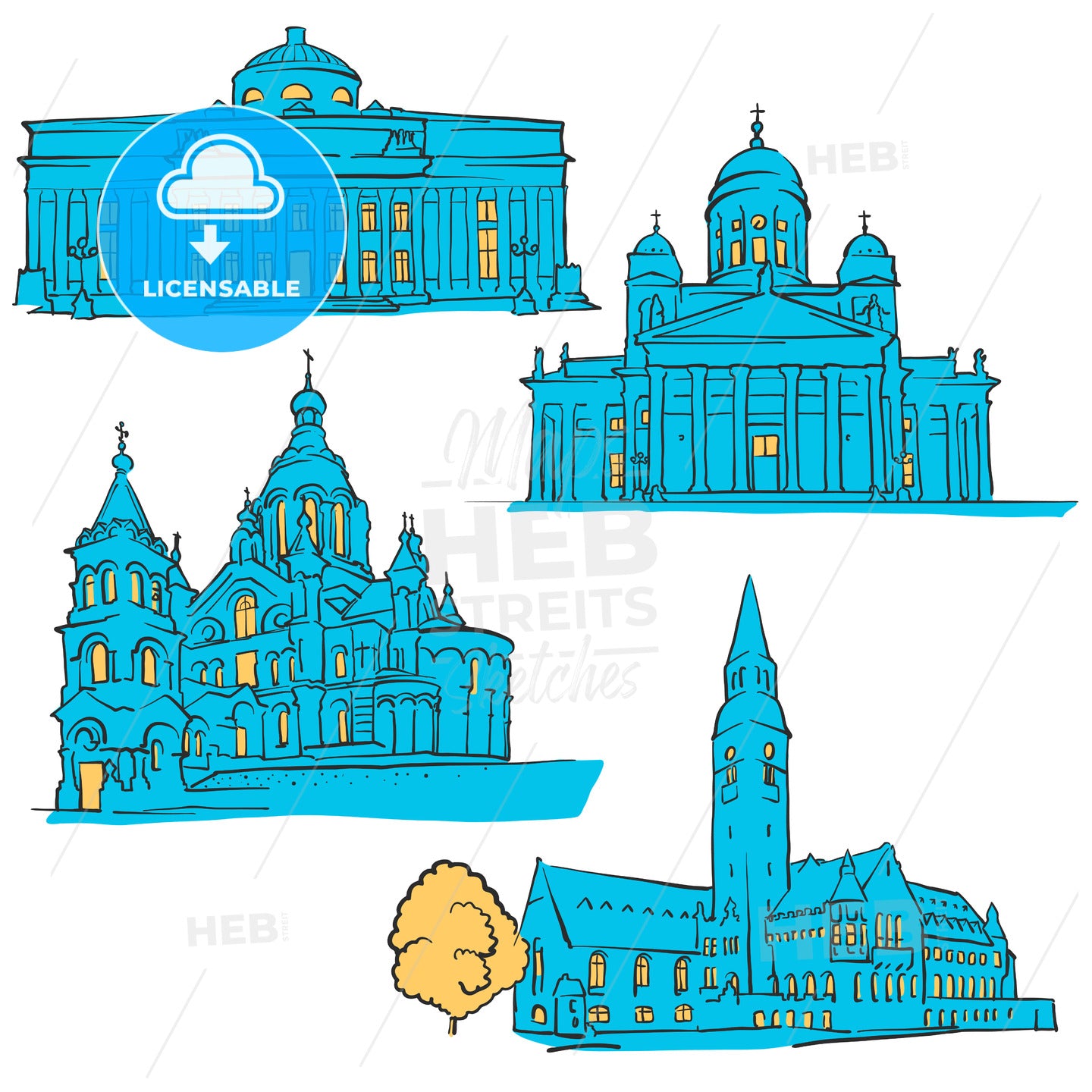 Helsinki Finland Colored Landmarks – instant download