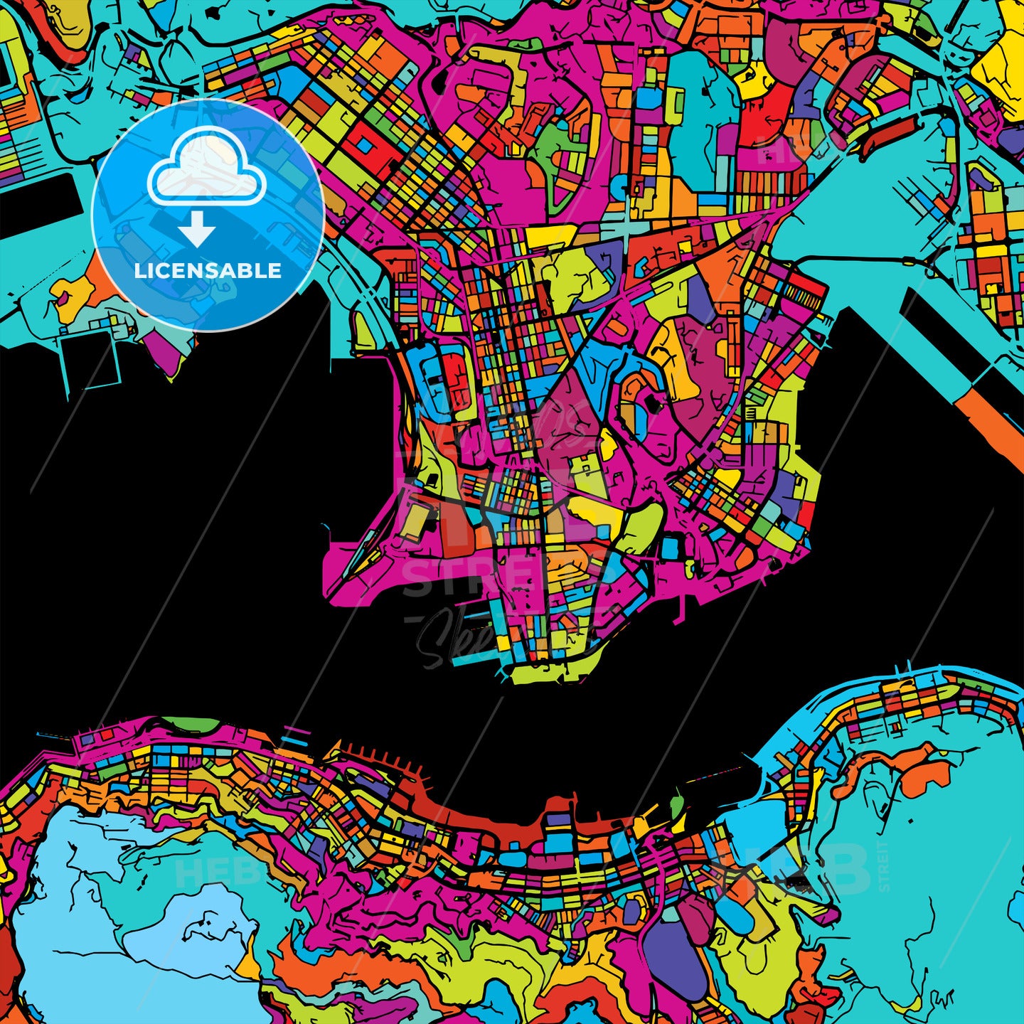 Hong Kong Colorful Map on Black