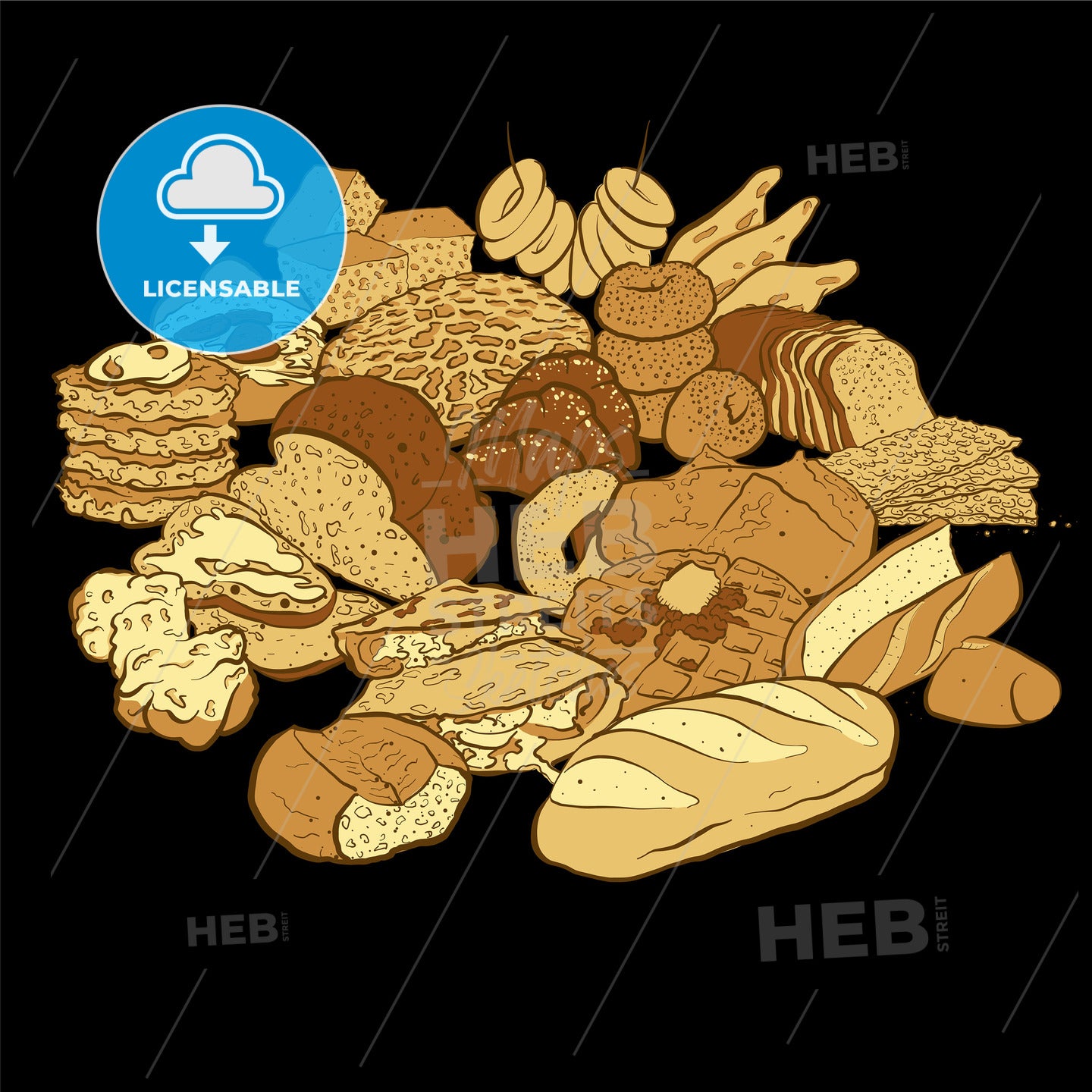 Huge set of coloured sketches of bakery products on blackboard – instant download