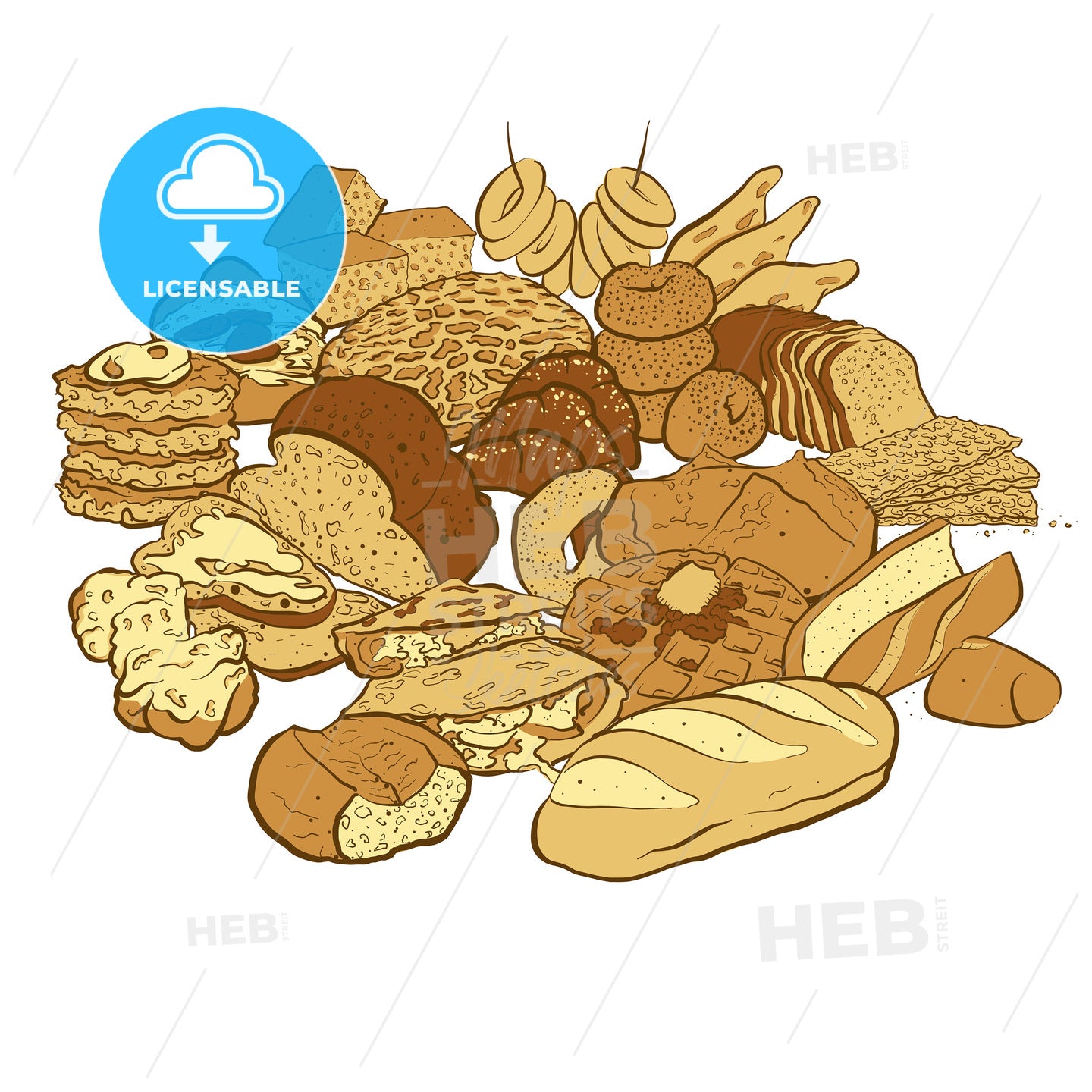 Huge set of coloured sketches of bakery products on white – instant download