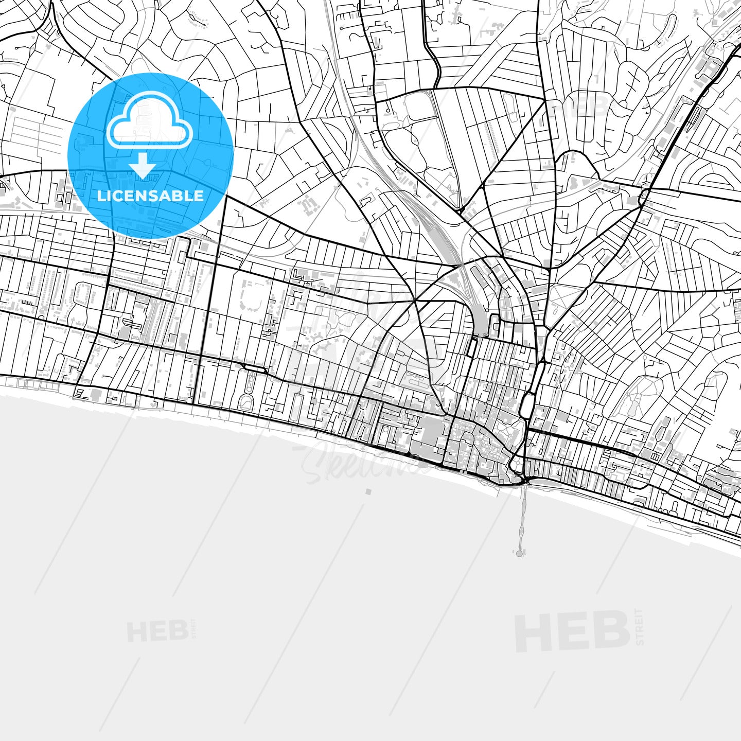 Downtown map of Brighton and Hove, light