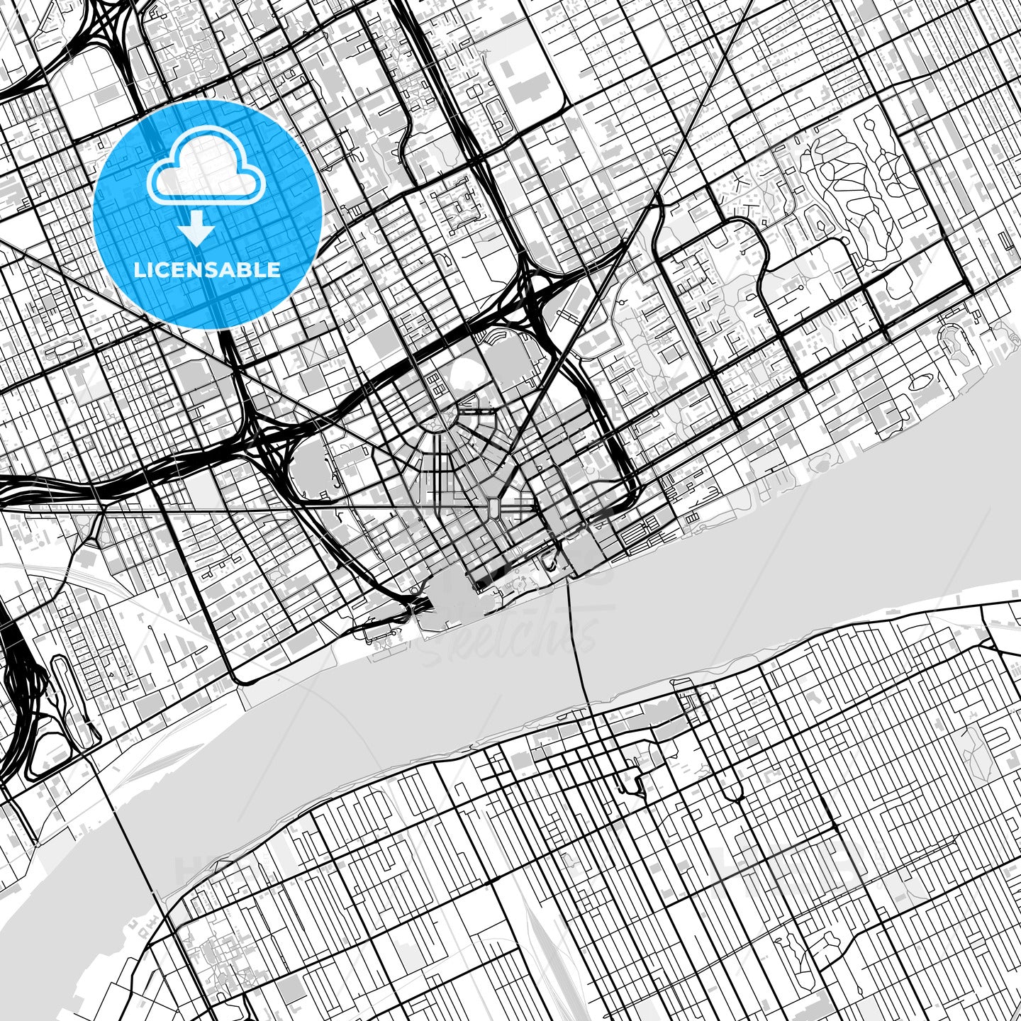 Downtown map of Detroit, light