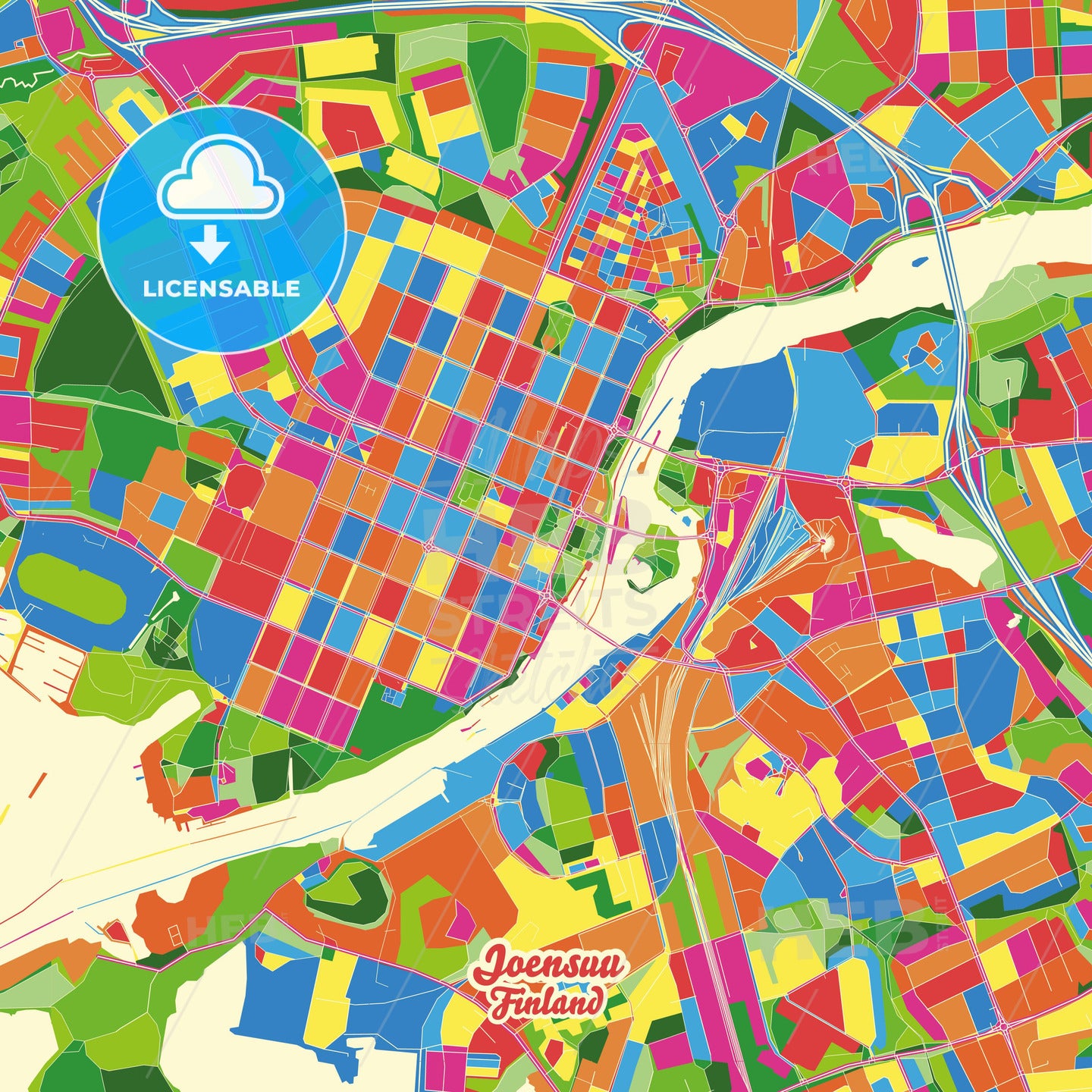 Joensuu, Finland Crazy Colorful Street Map Poster Template - HEBSTREITS Sketches