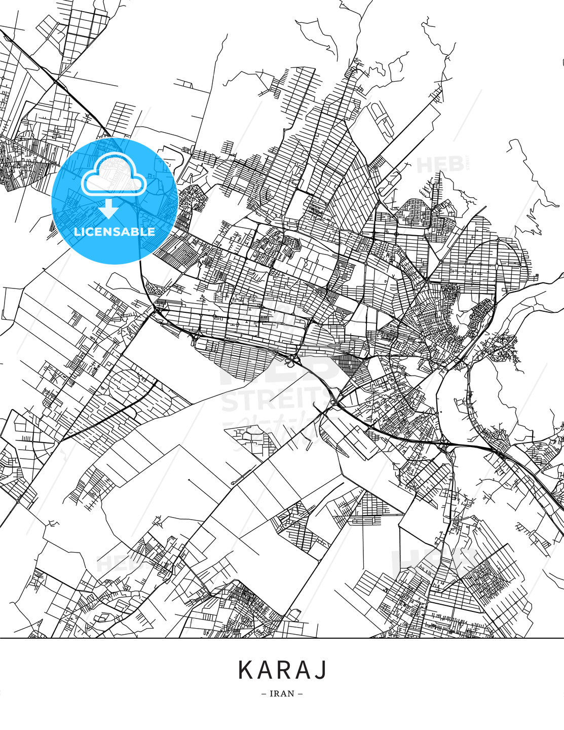 Karaj, Iran, Map poster borderless print template HEBSTREITS
