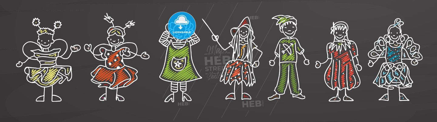 Kindergarten Kids in Costume on Chalkboard – instant download